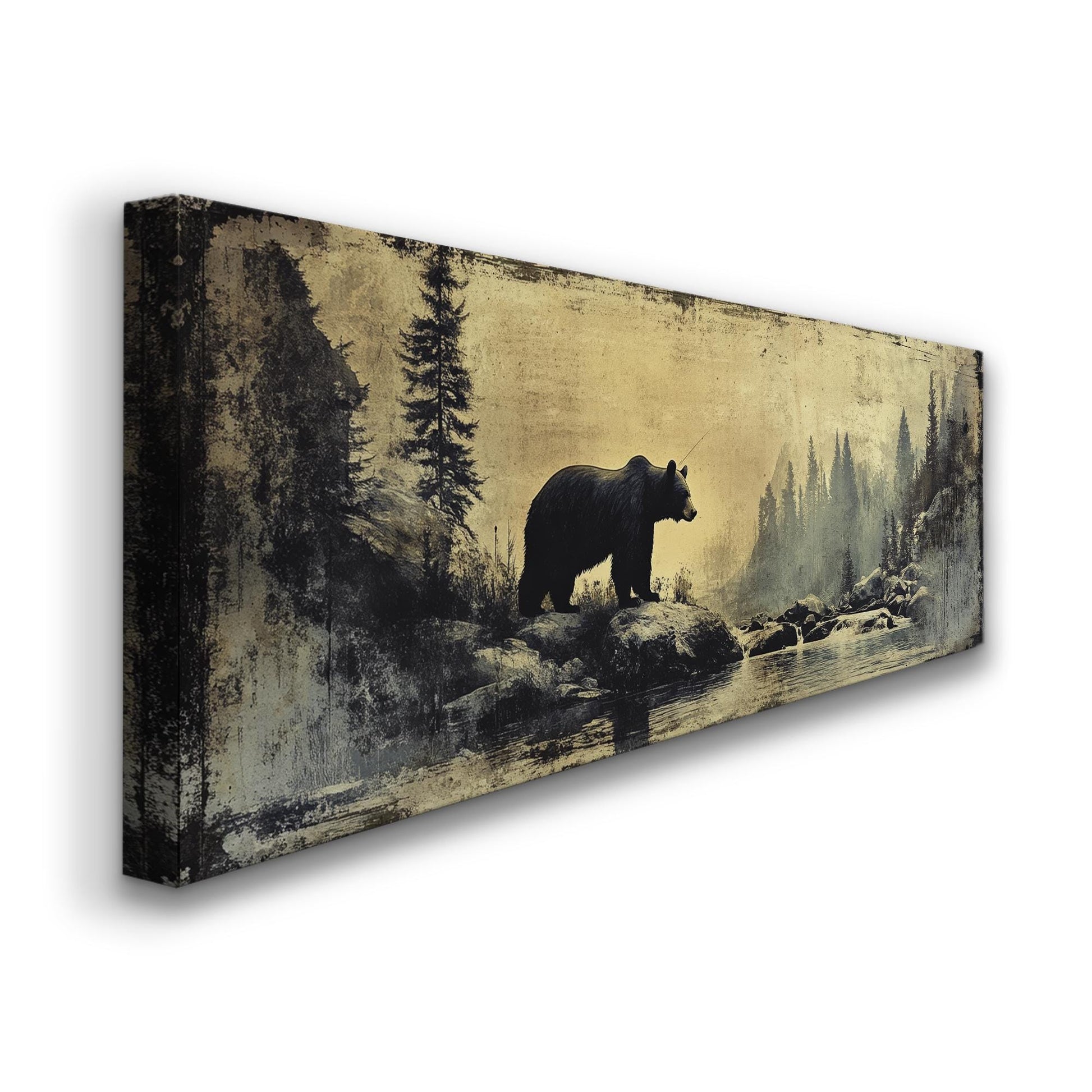 Grizzly Bear Solitude Canvas Art | Distressed Vintage Print | Mountain Modern Wall Art For Living Room | Smoky Quartz Art Panoramic Wall Art