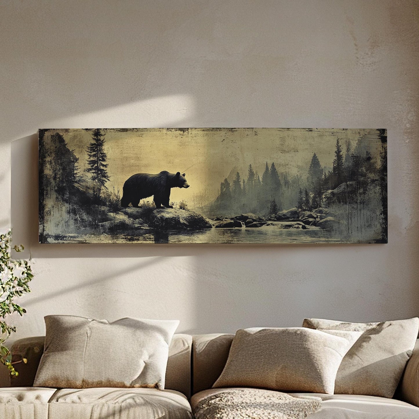 Grizzly Bear Solitude Canvas Art | Distressed Vintage Print | Mountain Modern Wall Art For Living Room | Smoky Quartz Art Panoramic Wall Art