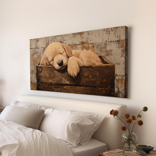 Golden Retriever Puppy Canvas Art | Impasto Painting Print | Bohemian Wall Art For Bedroom | Warm Taupe Art Horizontal Art
