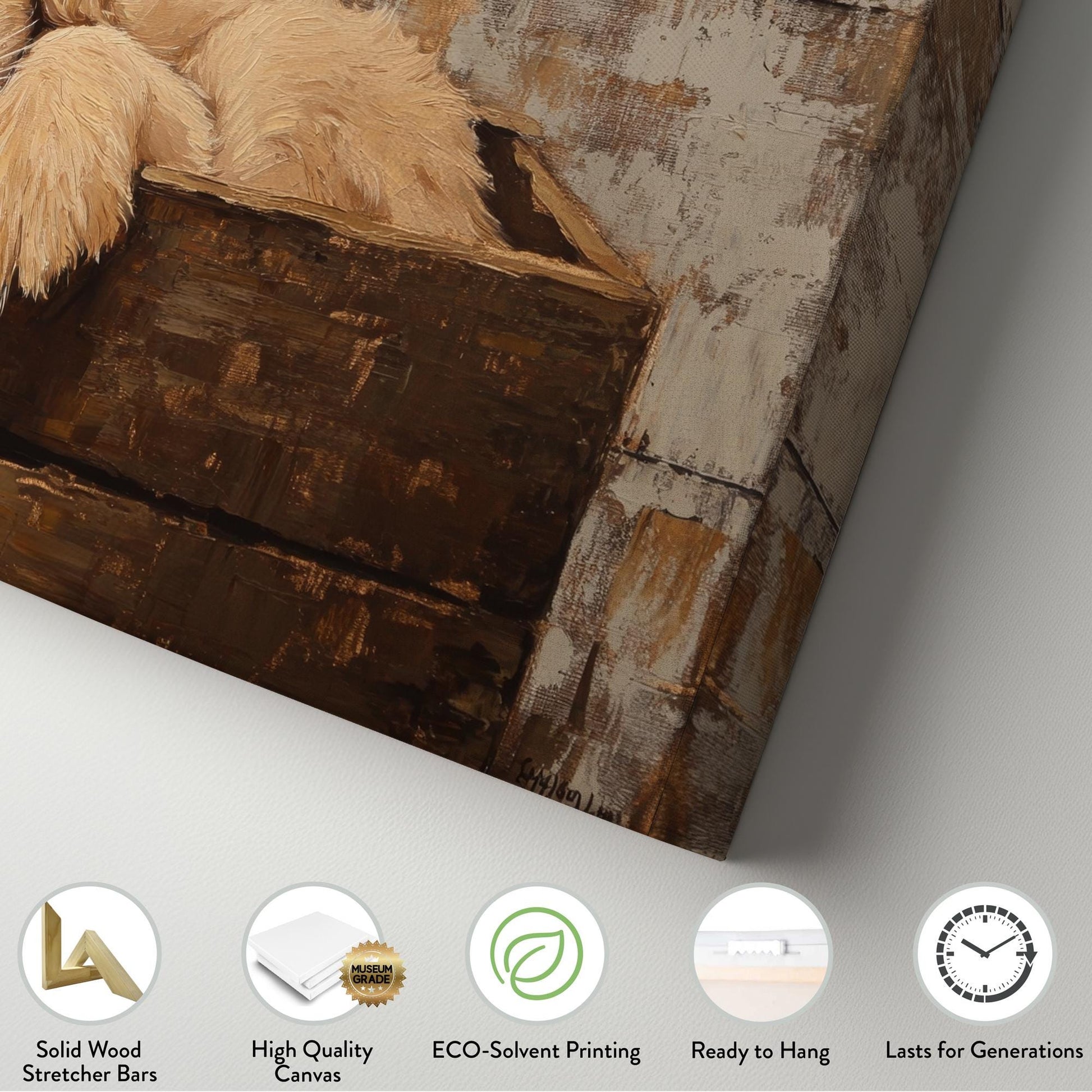 Golden Retriever Puppy Canvas Art | Impasto Painting Print | Bohemian Wall Art For Bedroom | Warm Taupe Art Horizontal Art