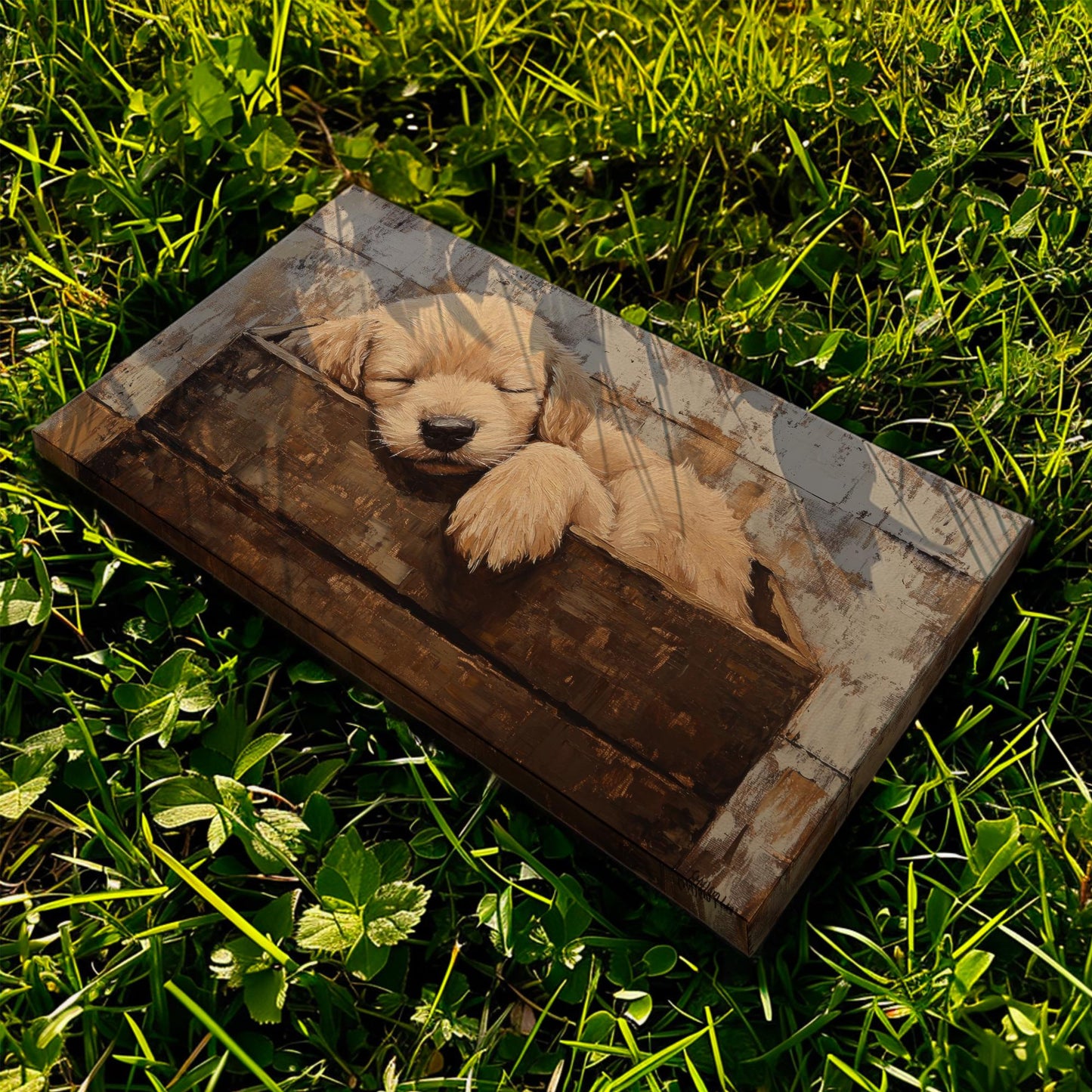 Golden Retriever Puppy Canvas Art | Impasto Painting Print | Bohemian Wall Art For Bedroom | Warm Taupe Art Horizontal Art