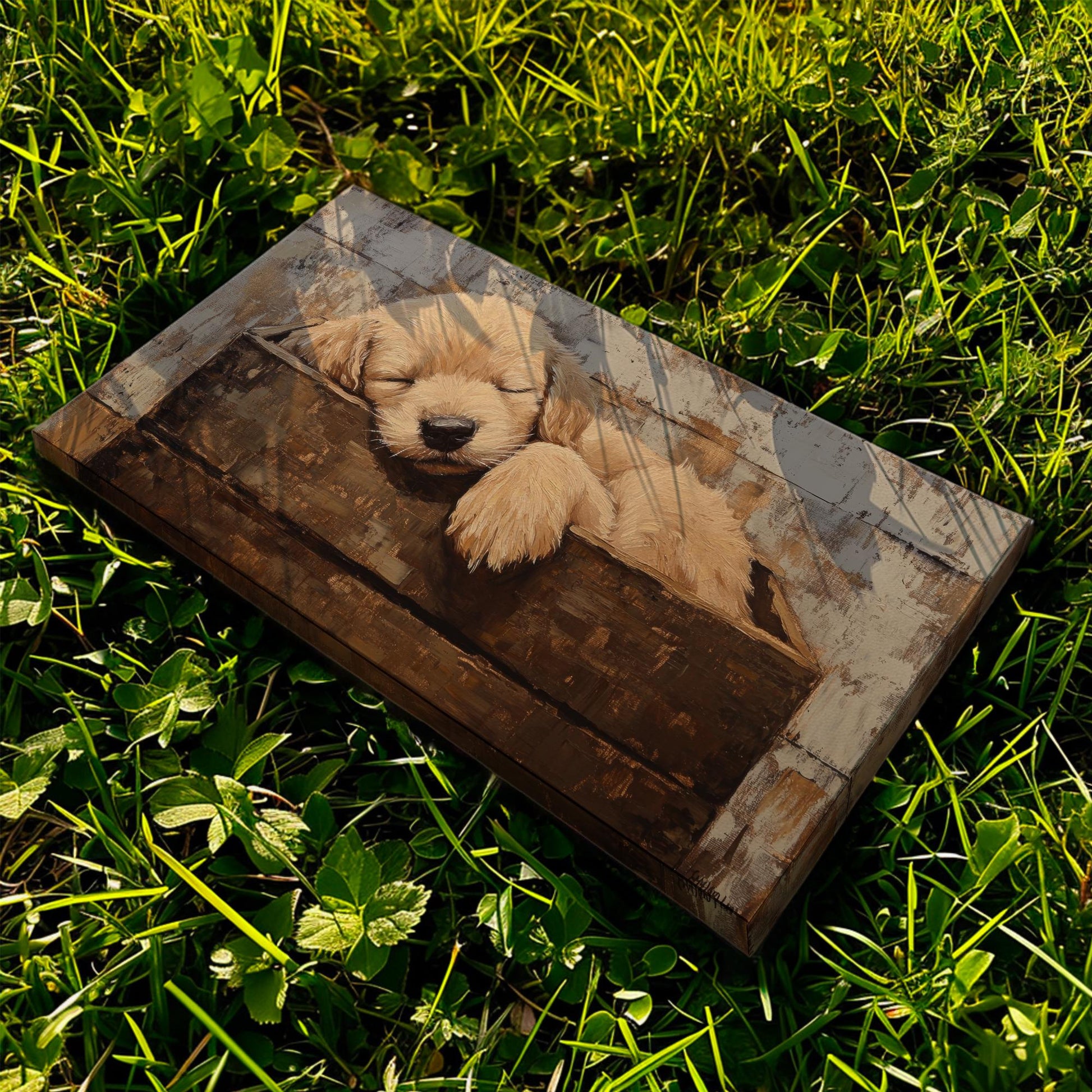 Golden Retriever Puppy Canvas Art | Impasto Painting Print | Bohemian Wall Art For Bedroom | Warm Taupe Art Horizontal Art