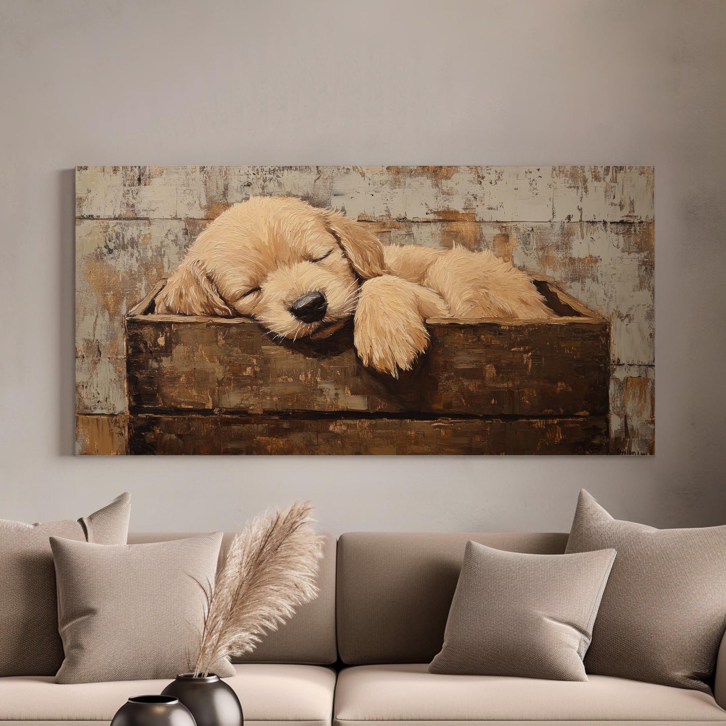 Golden Retriever Puppy Canvas Art | Impasto Painting Print | Bohemian Wall Art For Bedroom | Warm Taupe Art Horizontal Art