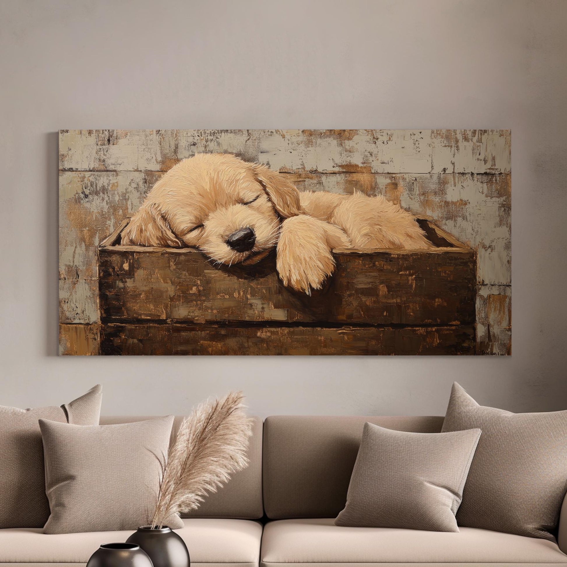 Golden Retriever Puppy Canvas Art | Impasto Painting Print | Bohemian Wall Art For Bedroom | Warm Taupe Art Horizontal Art