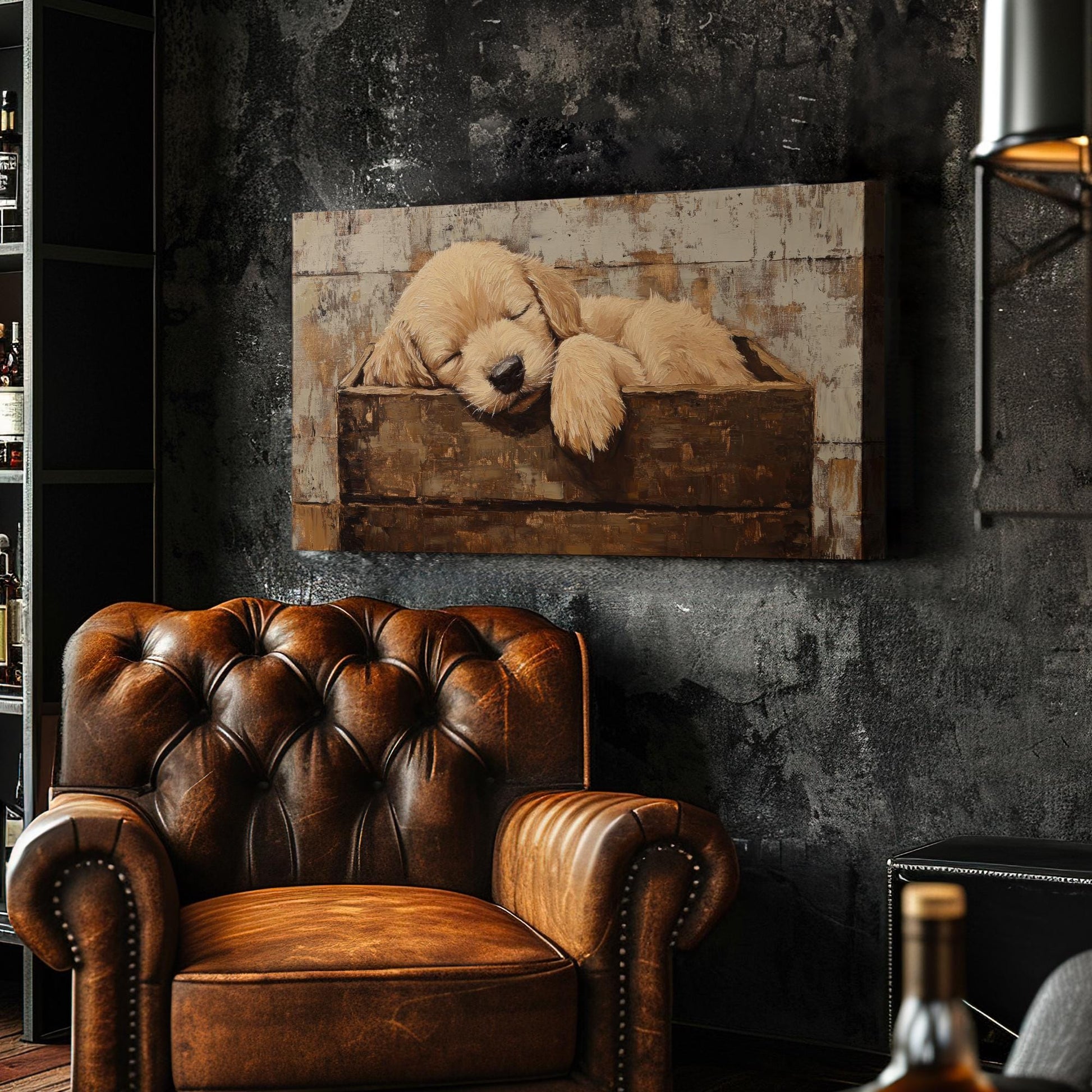 Golden Retriever Puppy Canvas Art | Impasto Painting Print | Bohemian Wall Art For Bedroom | Warm Taupe Art Horizontal Art