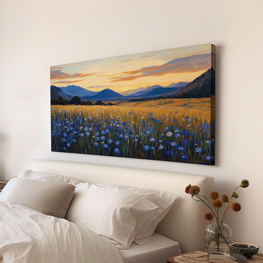 Golden Hour Cornflower Field Canvas Art | Impasto Impressionism Print | Transcendental Wall Art For Living Room Horizontal Art