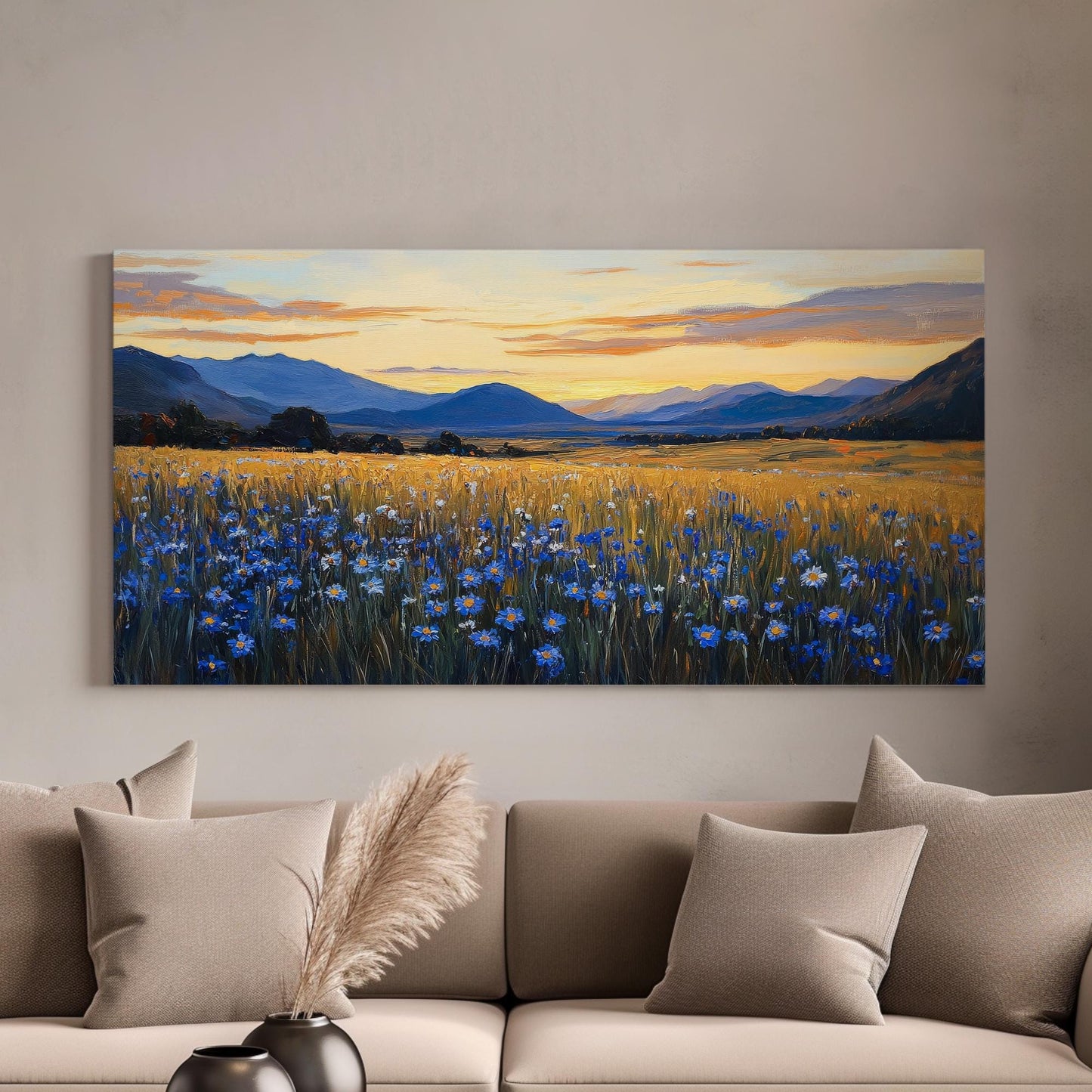 Golden Hour Cornflower Field Canvas Art | Impasto Impressionism Print | Transcendental Wall Art For Living Room Horizontal Art