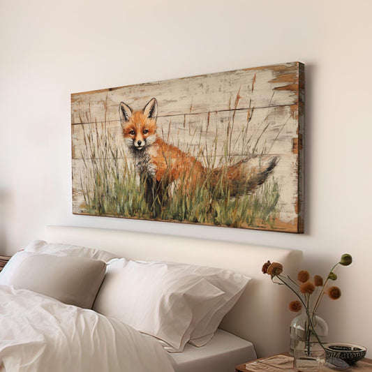 Fox in the Meadow Canvas Art | Impasto Print | Bohemian Wall Art For Living Room | Creamy Oat Milk Art | Rustic Modern Decor Horizontal Art
