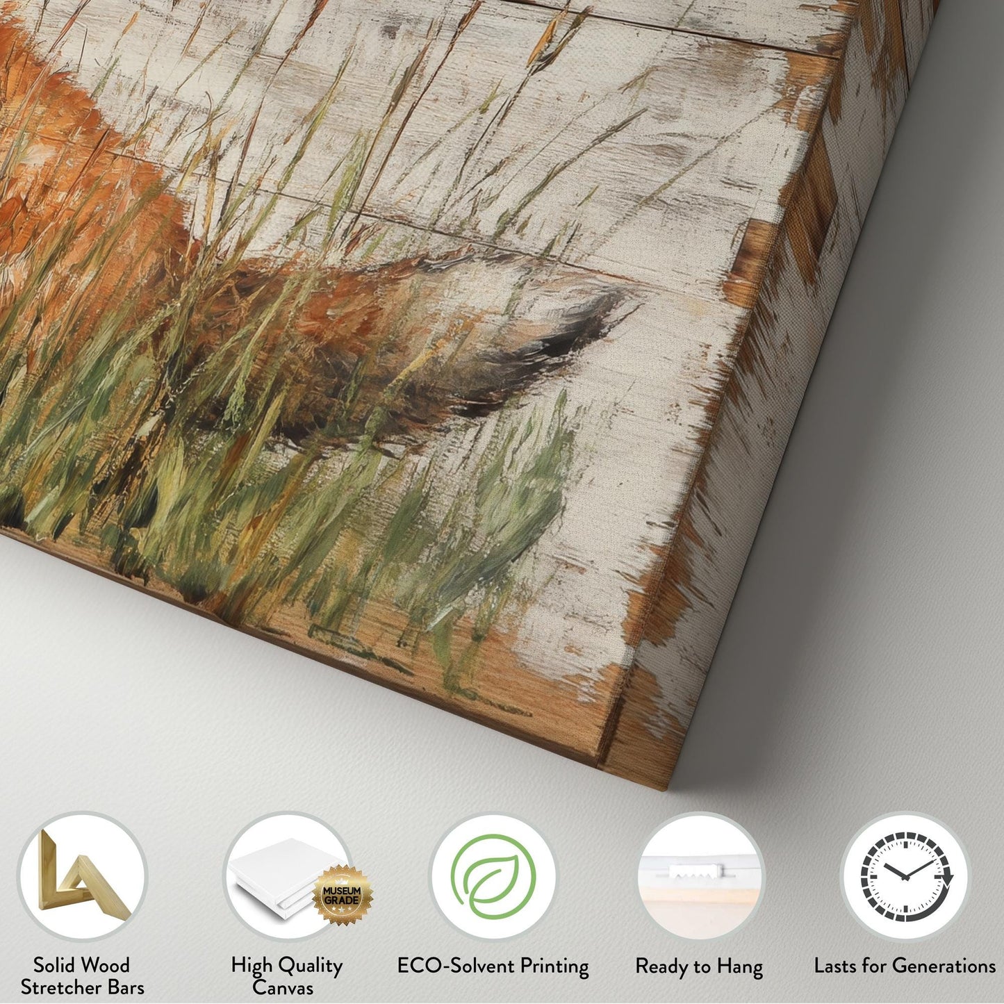 Fox in the Meadow Canvas Art | Impasto Print | Bohemian Wall Art For Living Room | Creamy Oat Milk Art | Rustic Modern Decor Horizontal Art