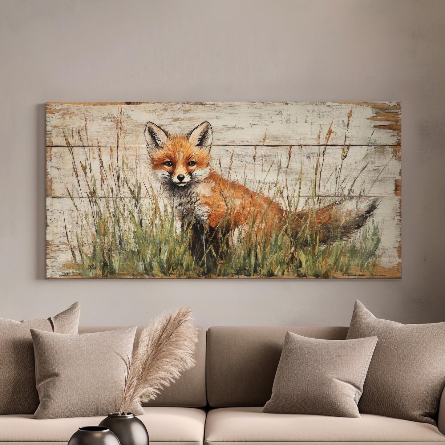 Fox in the Meadow Canvas Art | Impasto Print | Bohemian Wall Art For Living Room | Creamy Oat Milk Art | Rustic Modern Decor Horizontal Art