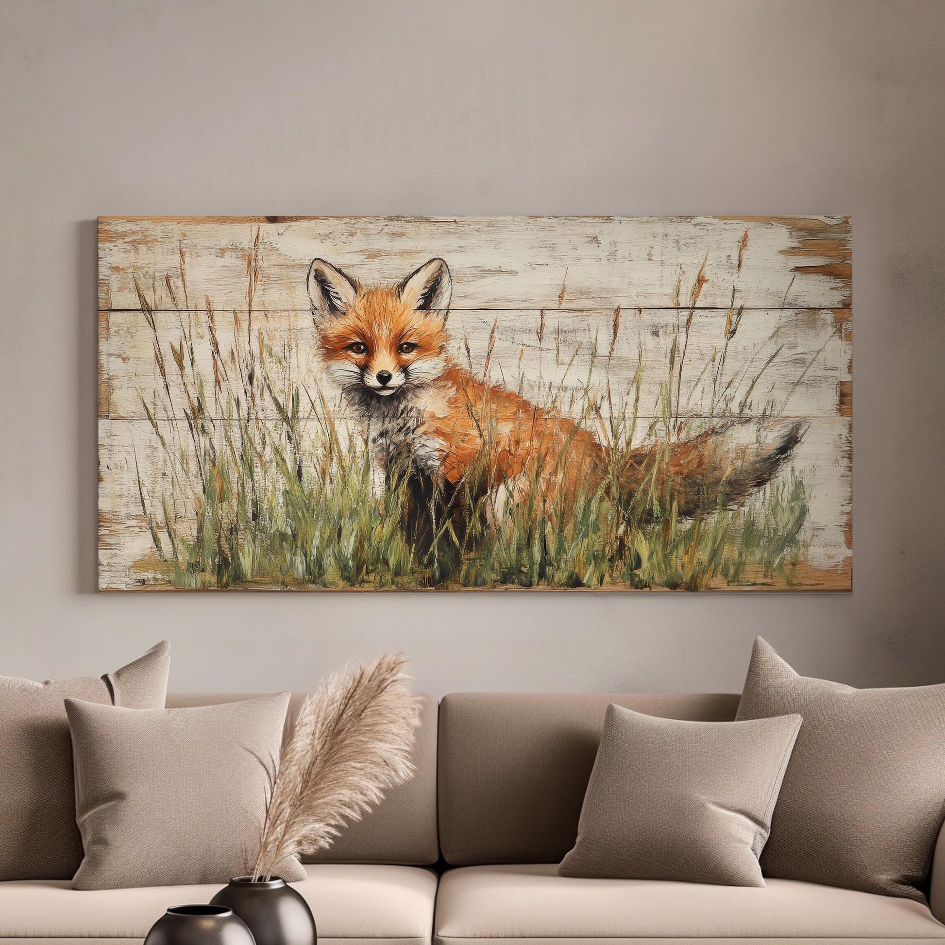 Fox in the Meadow Canvas Art | Impasto Print | Bohemian Wall Art For Living Room | Creamy Oat Milk Art | Rustic Modern Decor Horizontal Art