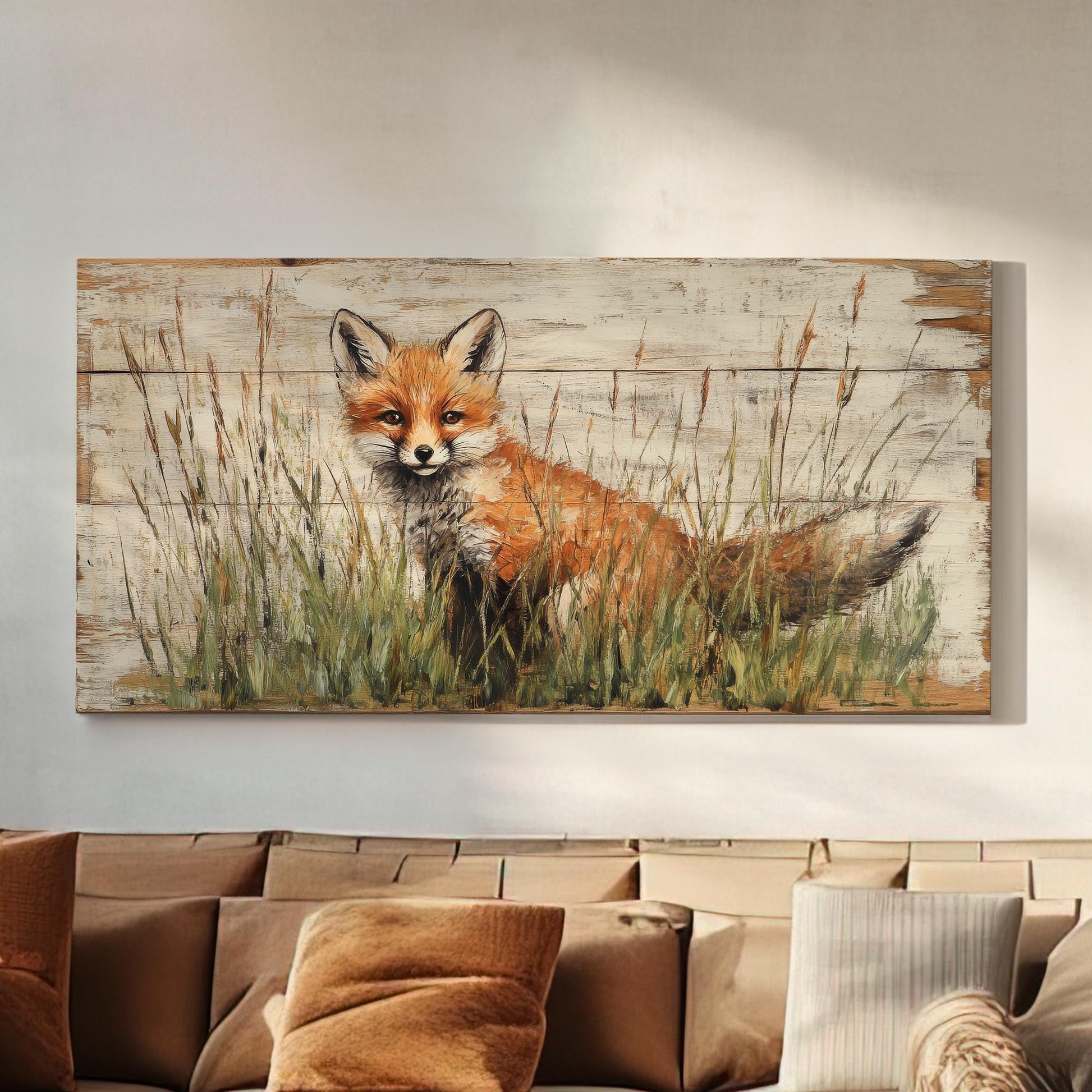 Fox in the Meadow Canvas Art | Impasto Print | Bohemian Wall Art For Living Room | Creamy Oat Milk Art | Rustic Modern Decor Horizontal Art