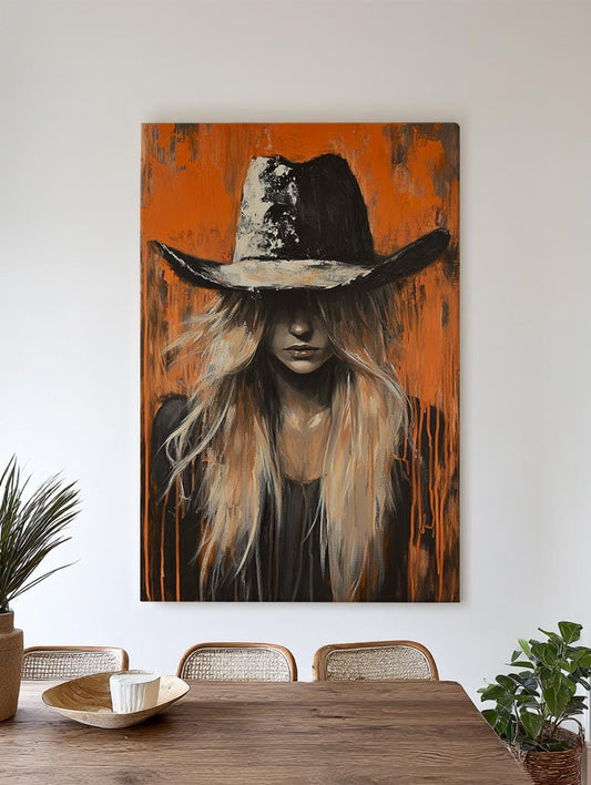 Cowgirl Portrait Canvas Art | Impasto Brushstroke Print | Bohemian Wall Art For Living Room | Burnt Orange Charcoal Art Vertical Canvas