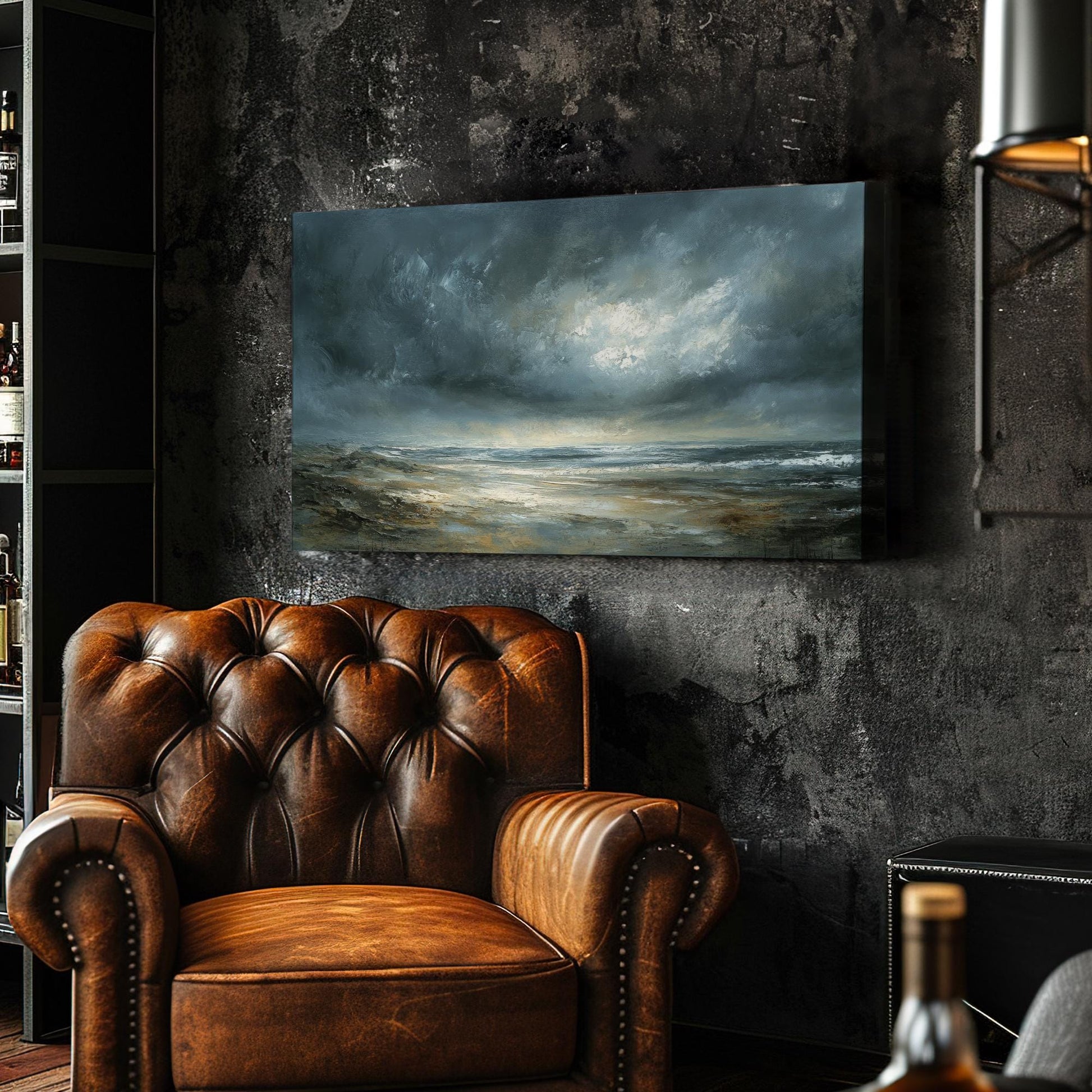 Coastal Seascape Canvas Art | Impasto Textural Print | Tranquil Coastal Wall Art For Living Room | Stormy Seafoam Art Horizontal Art