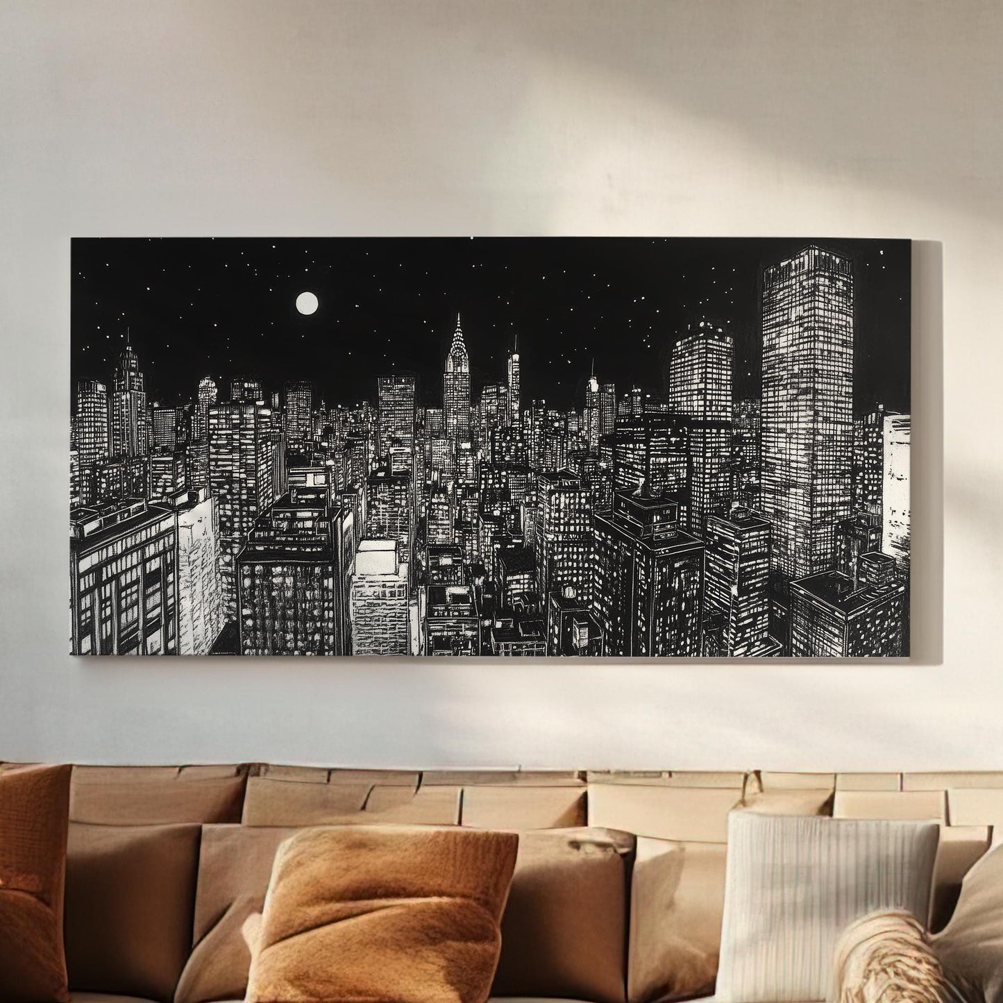 Manhattan Nightscape Canvas Art | Linocut Print | Modernist Wall Art For Living Room | Moonlit Charcoal Art Horizontal Art