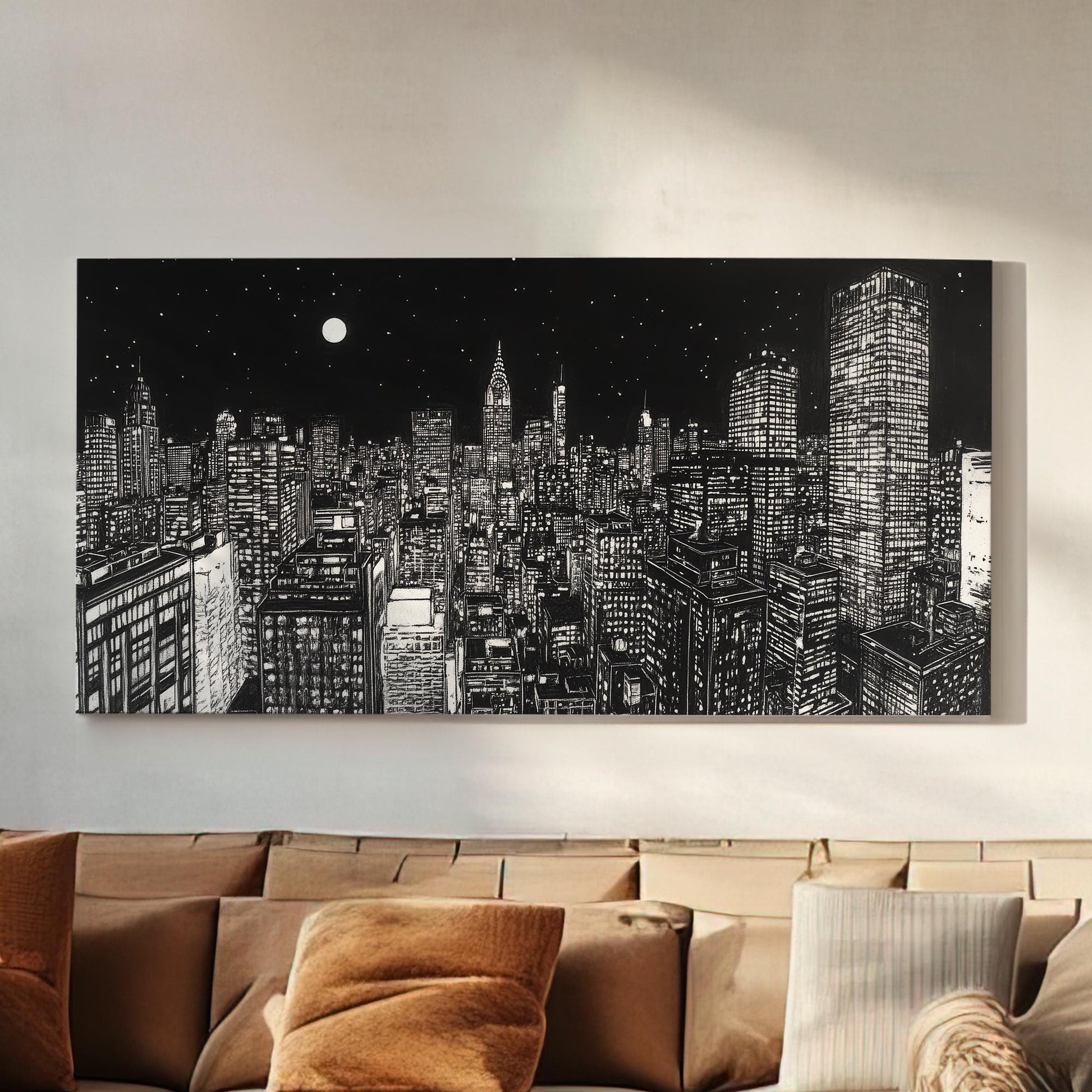 Manhattan Nightscape Canvas Art | Linocut Print | Modernist Wall Art For Living Room | Moonlit Charcoal Art Horizontal Art