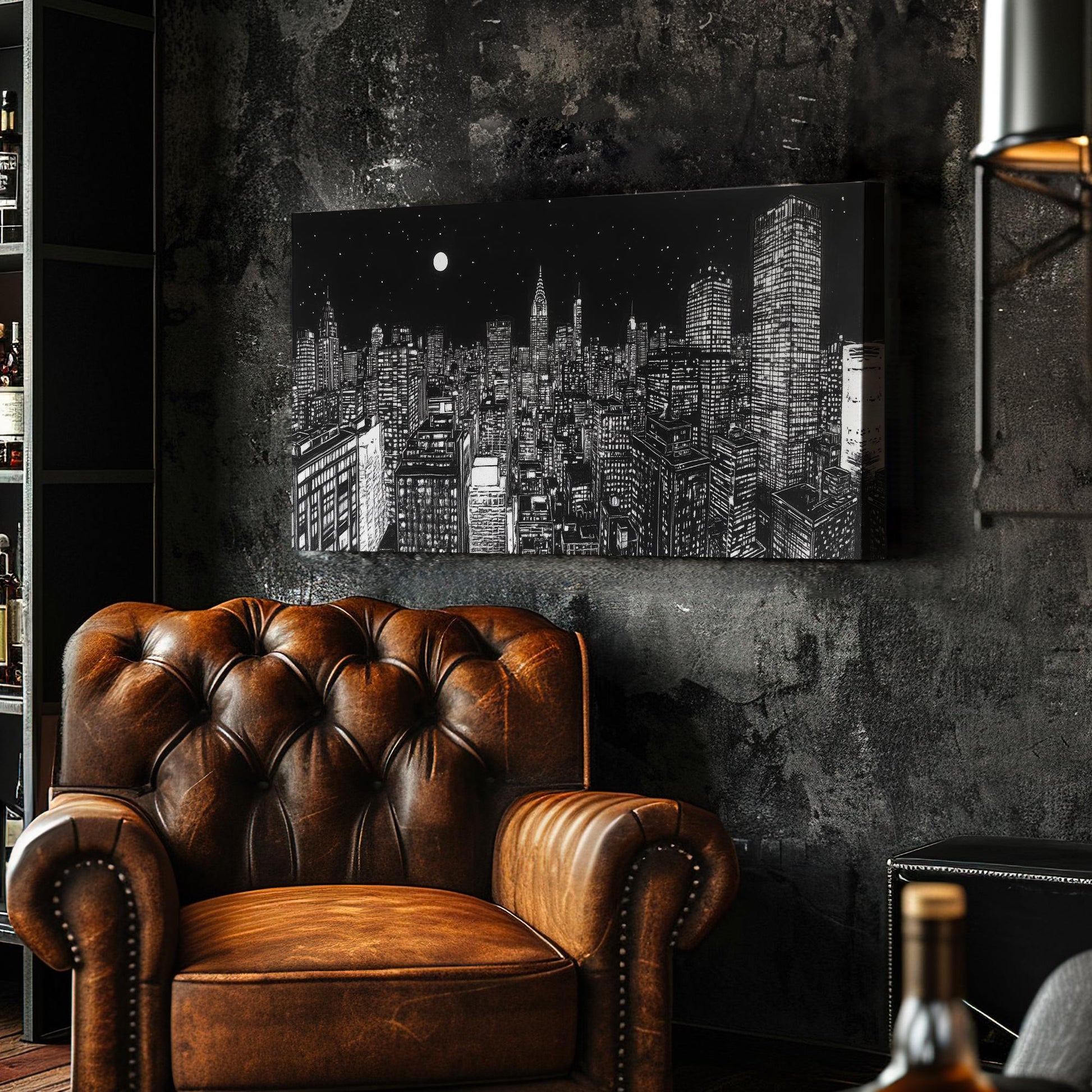 Manhattan Nightscape Canvas Art | Linocut Print | Modernist Wall Art For Living Room | Moonlit Charcoal Art Horizontal Art
