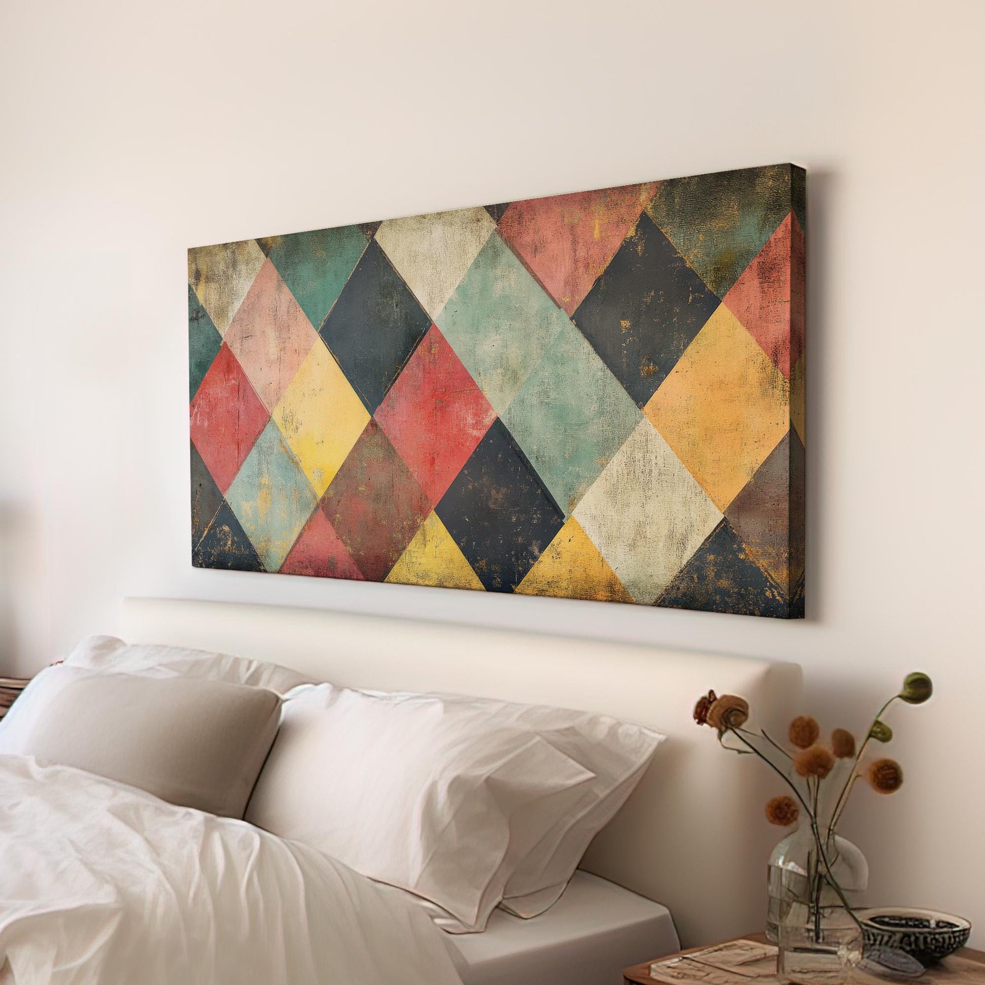 Geometric Harlequin Canvas Art | Distressed Textured Print | Bohemian Wall Art For Living Room | Warm Ochre Clay Art Horizontal Art