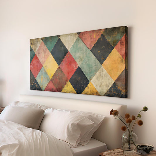 Geometric Harlequin Canvas Art | Distressed Textured Print | Bohemian Wall Art For Living Room | Warm Ochre Clay Art Horizontal Art