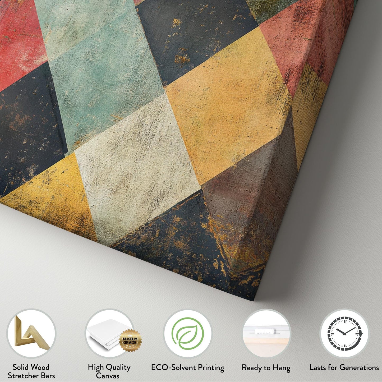 Geometric Harlequin Canvas Art | Distressed Textured Print | Bohemian Wall Art For Living Room | Warm Ochre Clay Art Horizontal Art