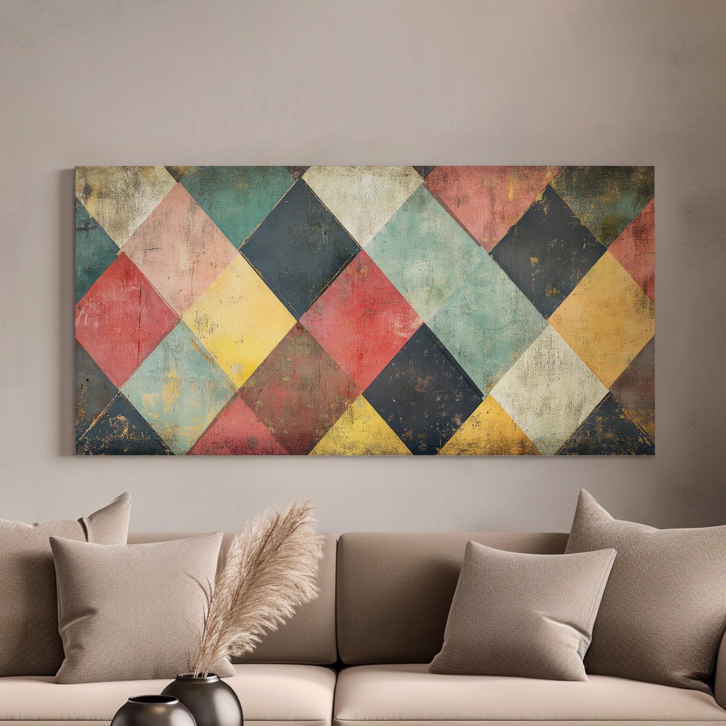 Geometric Harlequin Canvas Art | Distressed Textured Print | Bohemian Wall Art For Living Room | Warm Ochre Clay Art Horizontal Art