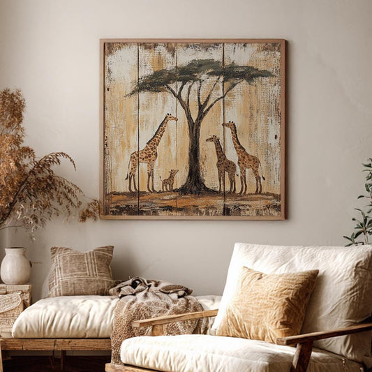 Giraffe Family Canvas Art | Palette Knife Print | Bohemian Wall Art For Living Room | Desert Sand Art Square Canvas Art
