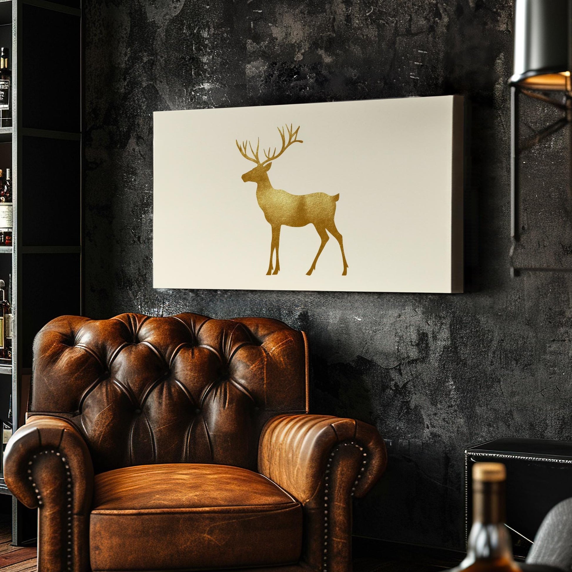 Gold Foil Reindeer Canvas Art | Metallic Shimmer Print | Scandinavian Minimalist Wall Art For Living Room Horizontal Art