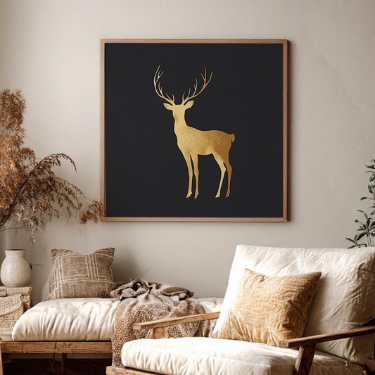 Gold Stag Silhouette Canvas Art | Metallic Foil Print | Bohemian Wall Art For Living Room | Champagne Gold Art Square Canvas Art