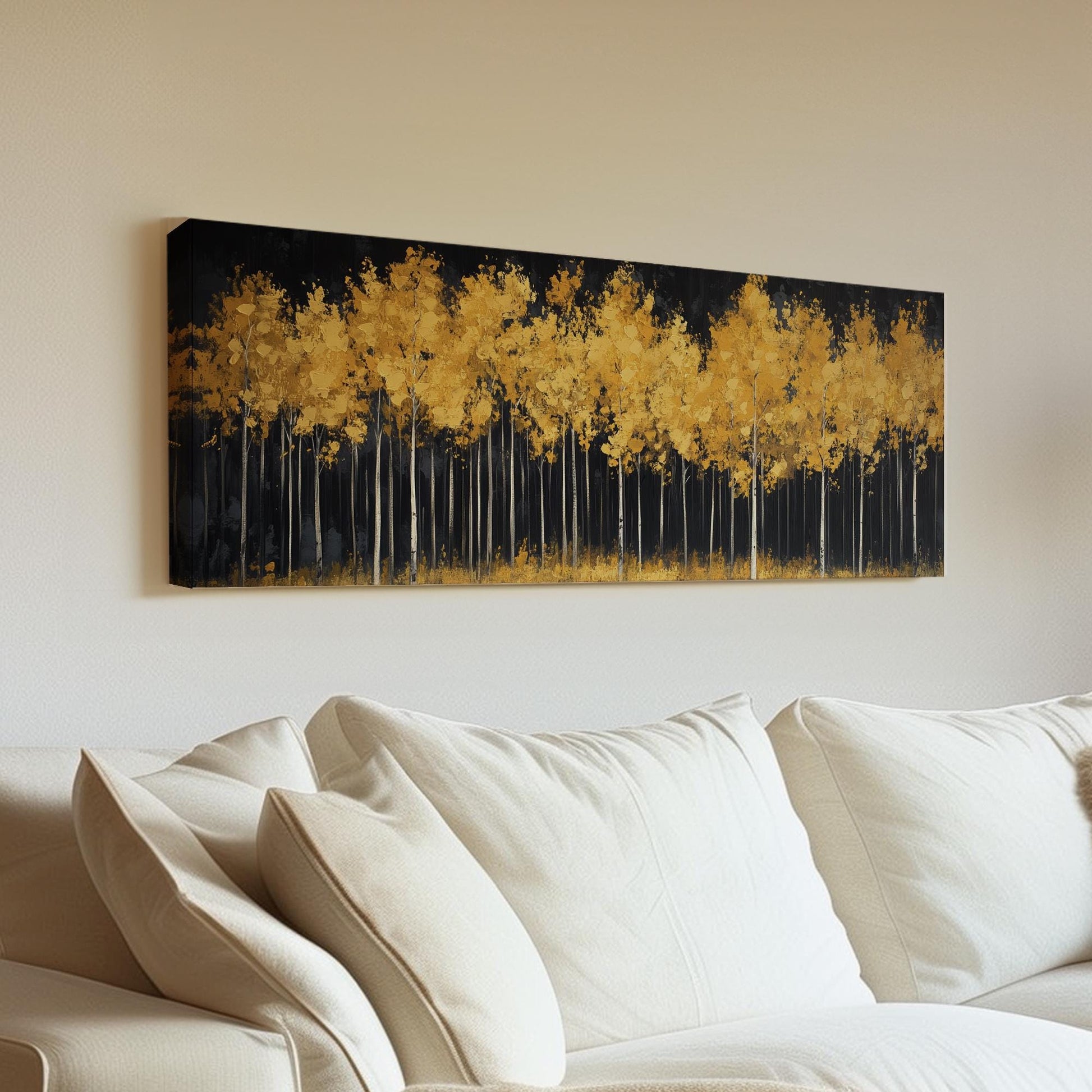 Golden Grove Canvas Art | Impasto Print | Bohemian Wall Art For Living Room | Amber Sunset Art | Tranquil Decor Panoramic Wall Art