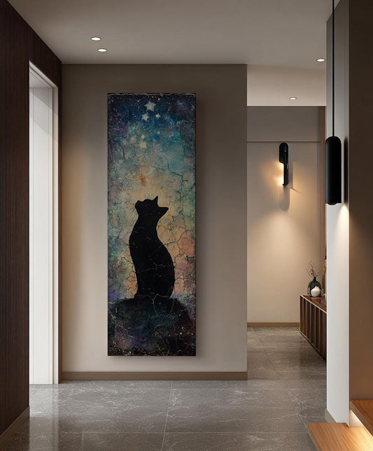 Celestial Feline Canvas Art | Crackle Glaze Print | Bohemian Wall Art For Bedroom | Twilight Sky Art | Ethereal Pet Decor Long Vertical Art