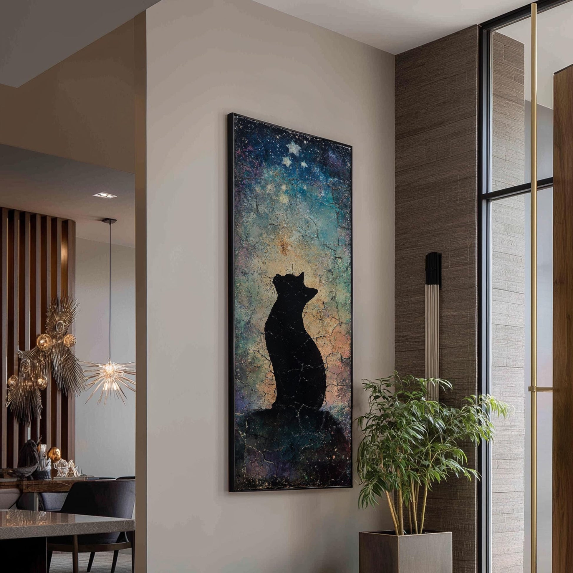Celestial Feline Canvas Art | Crackle Glaze Print | Bohemian Wall Art For Bedroom | Twilight Sky Art | Ethereal Pet Decor Long Vertical Art