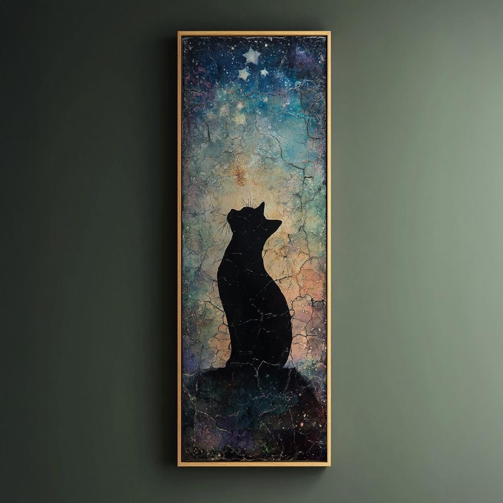 Celestial Feline Canvas Art | Crackle Glaze Print | Bohemian Wall Art For Bedroom | Twilight Sky Art | Ethereal Pet Decor Long Vertical Art