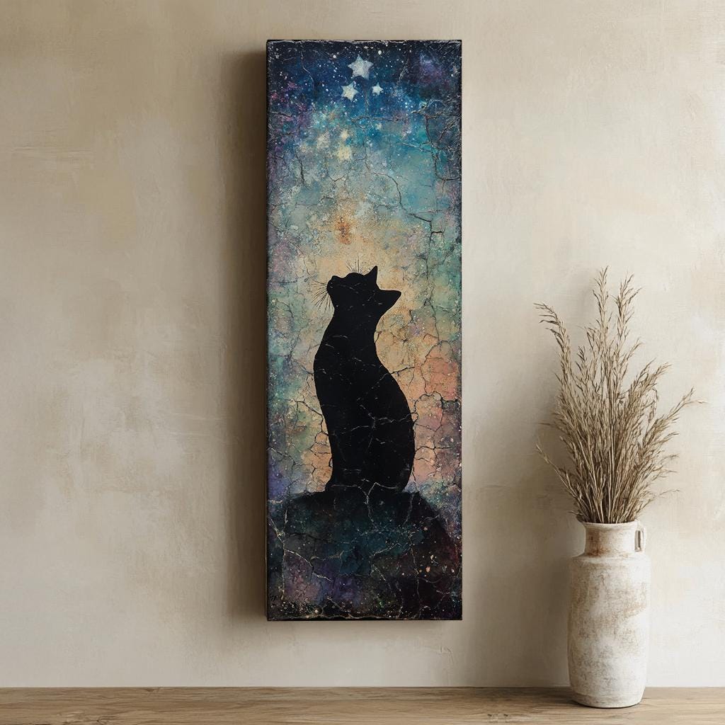 Celestial Feline Canvas Art | Crackle Glaze Print | Bohemian Wall Art For Bedroom | Twilight Sky Art | Ethereal Pet Decor Long Vertical Art