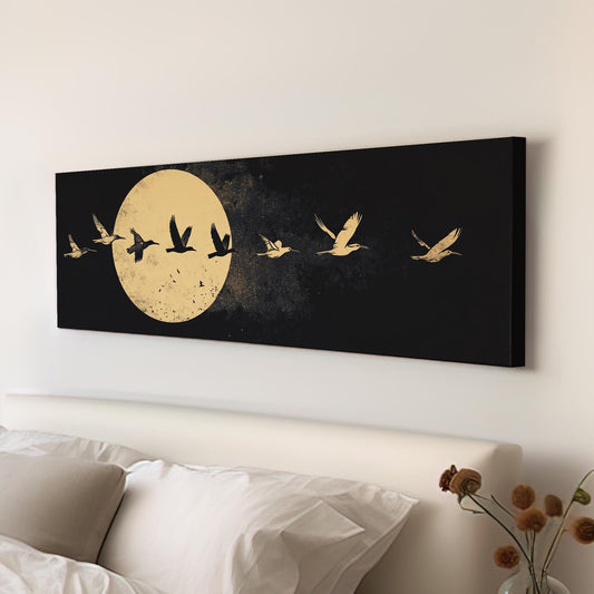 Celestial Flock Canvas Art | Linocut Print | Bohemian Wall Art For Living Room | Moonlit Sand Art | Tranquil Decor Panoramic Wall Art
