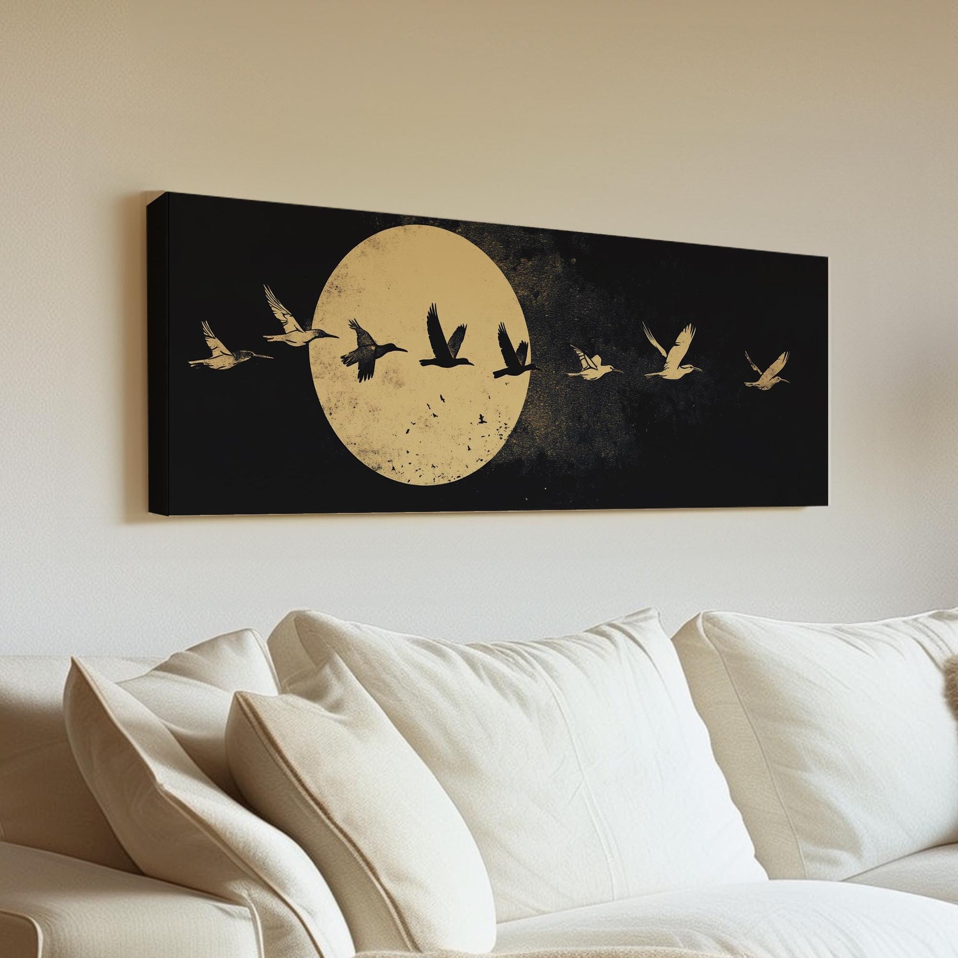 Celestial Flock Canvas Art | Linocut Print | Bohemian Wall Art For Living Room | Moonlit Sand Art | Tranquil Decor Panoramic Wall Art