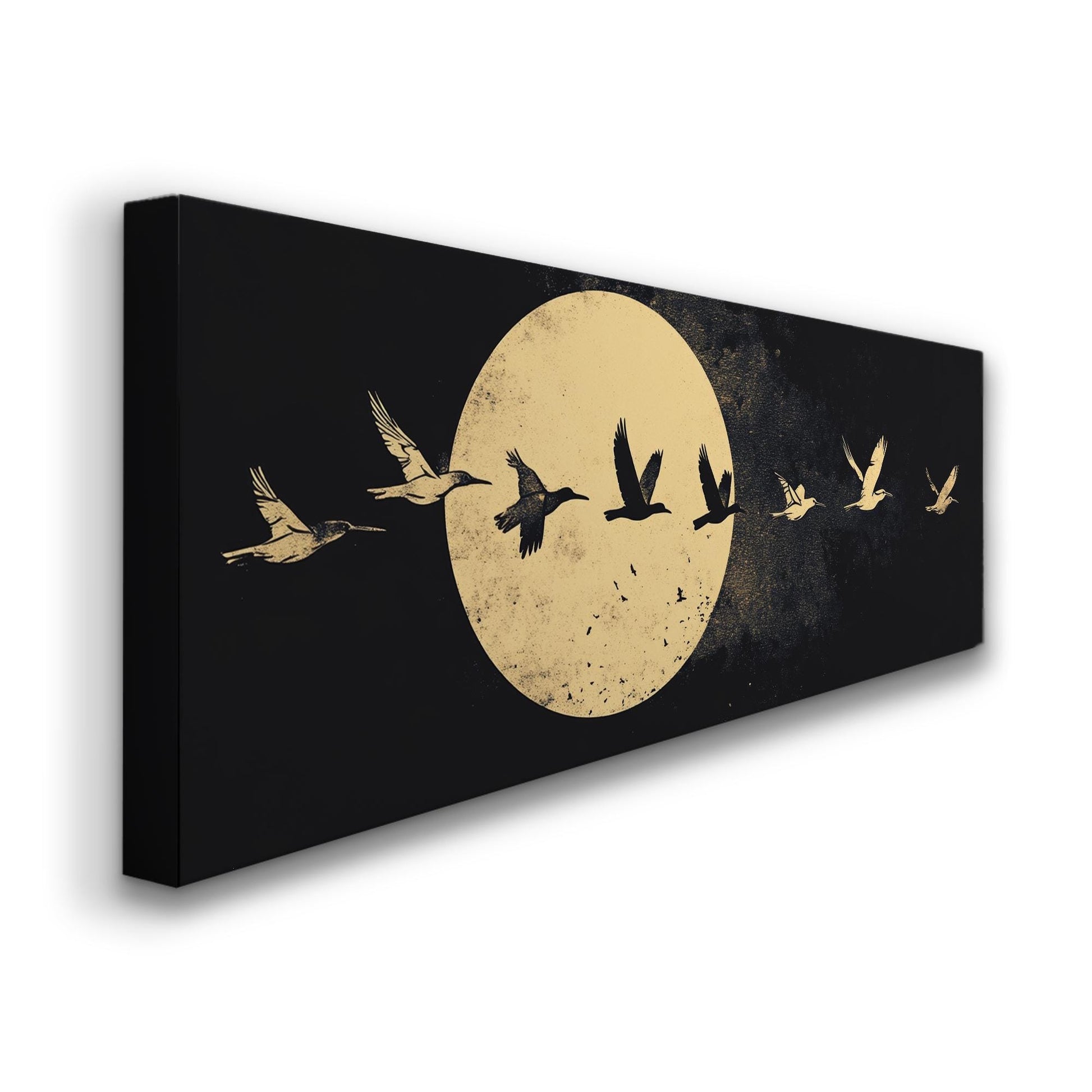 Celestial Flock Canvas Art | Linocut Print | Bohemian Wall Art For Living Room | Moonlit Sand Art | Tranquil Decor Panoramic Wall Art