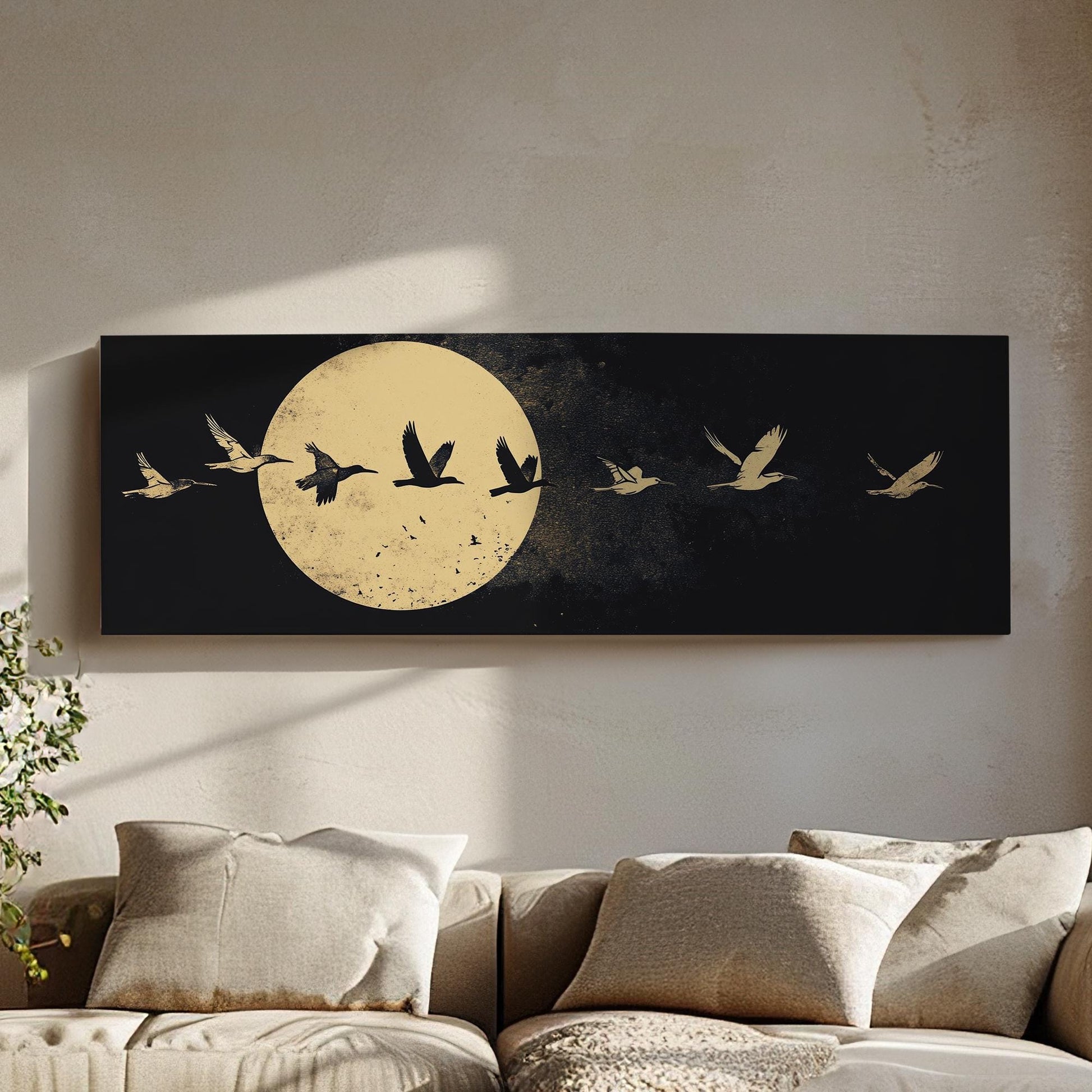 Celestial Flock Canvas Art | Linocut Print | Bohemian Wall Art For Living Room | Moonlit Sand Art | Tranquil Decor Panoramic Wall Art