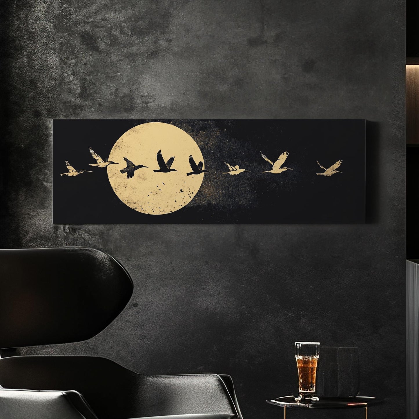 Celestial Flock Canvas Art | Linocut Print | Bohemian Wall Art For Living Room | Moonlit Sand Art | Tranquil Decor Panoramic Wall Art