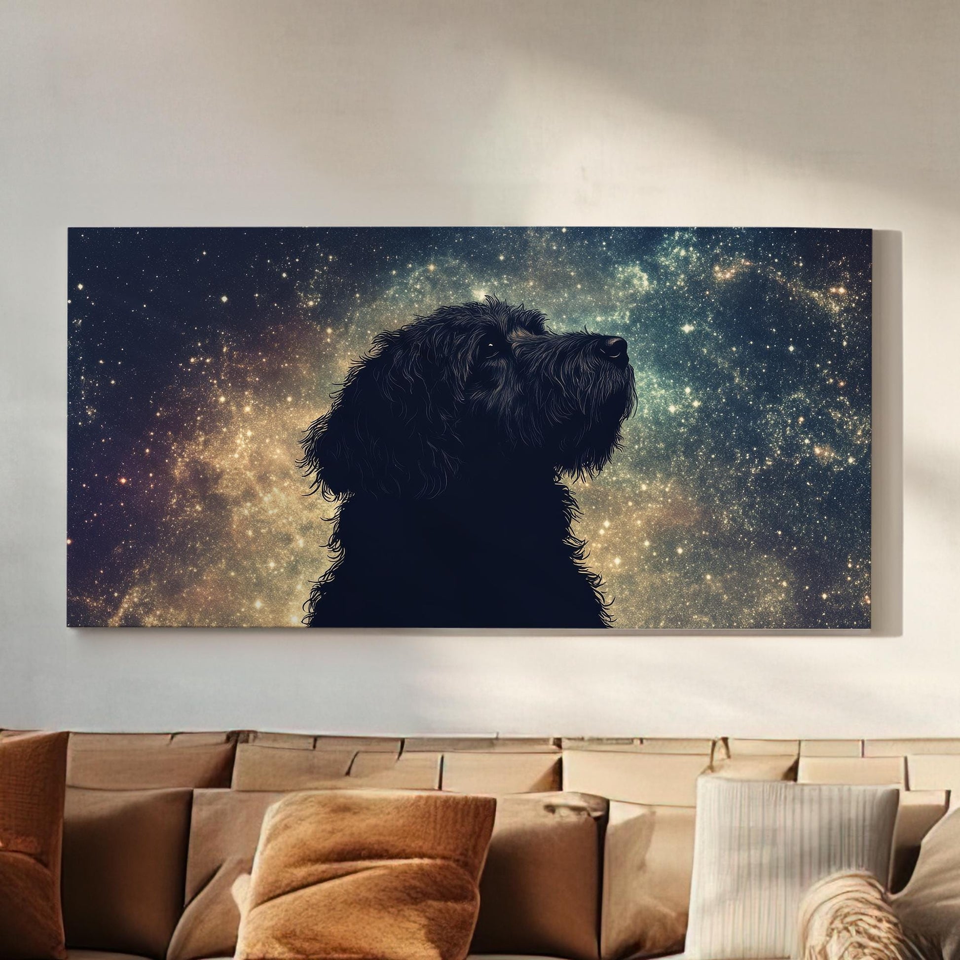 Cosmic Canine Canvas Art | Silhouette Print | Bohemian Wall Art For Living Room | Celestial Twilight Art Horizontal Art