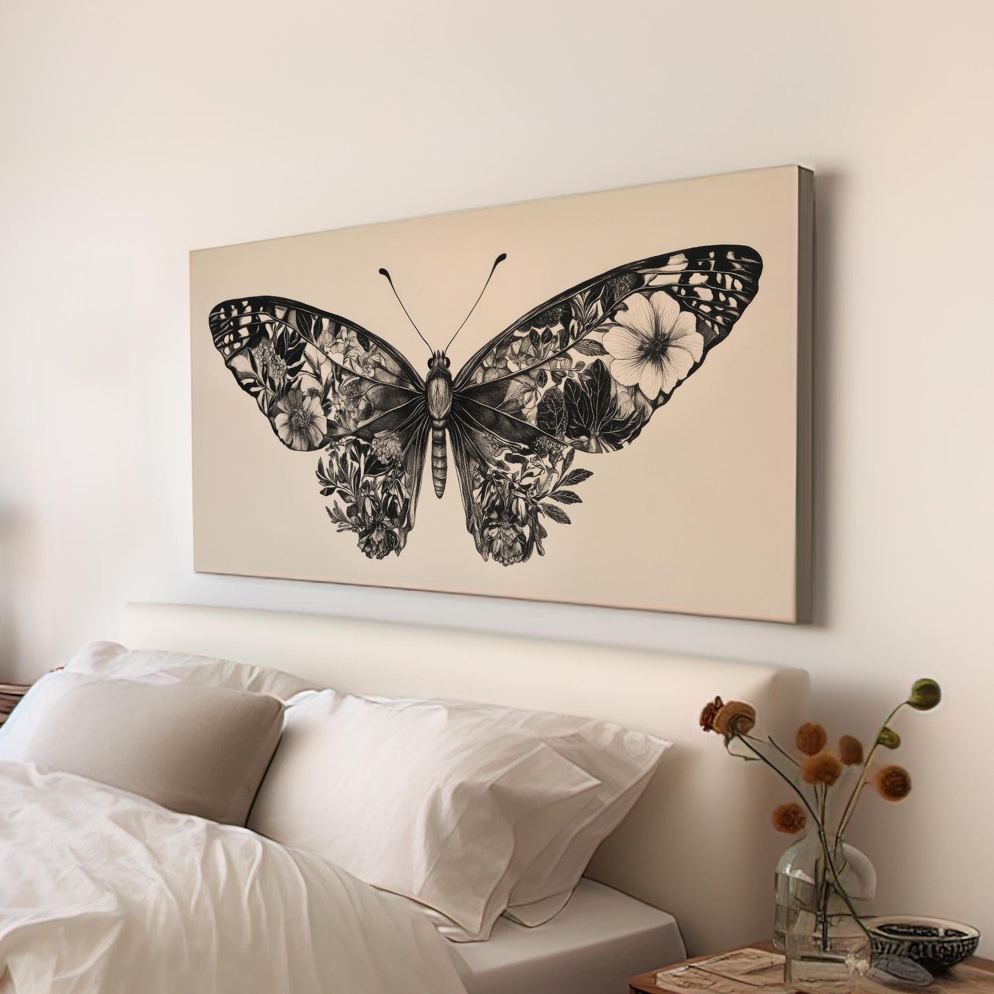 Botanical Butterfly Canvas Art | Intricate Pen Ink Print | Biophilic Wall Art For Living Room | Bone White Art Horizontal Art