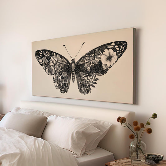 Botanical Butterfly Canvas Art | Intricate Pen Ink Print | Biophilic Wall Art For Living Room | Bone White Art Horizontal Art