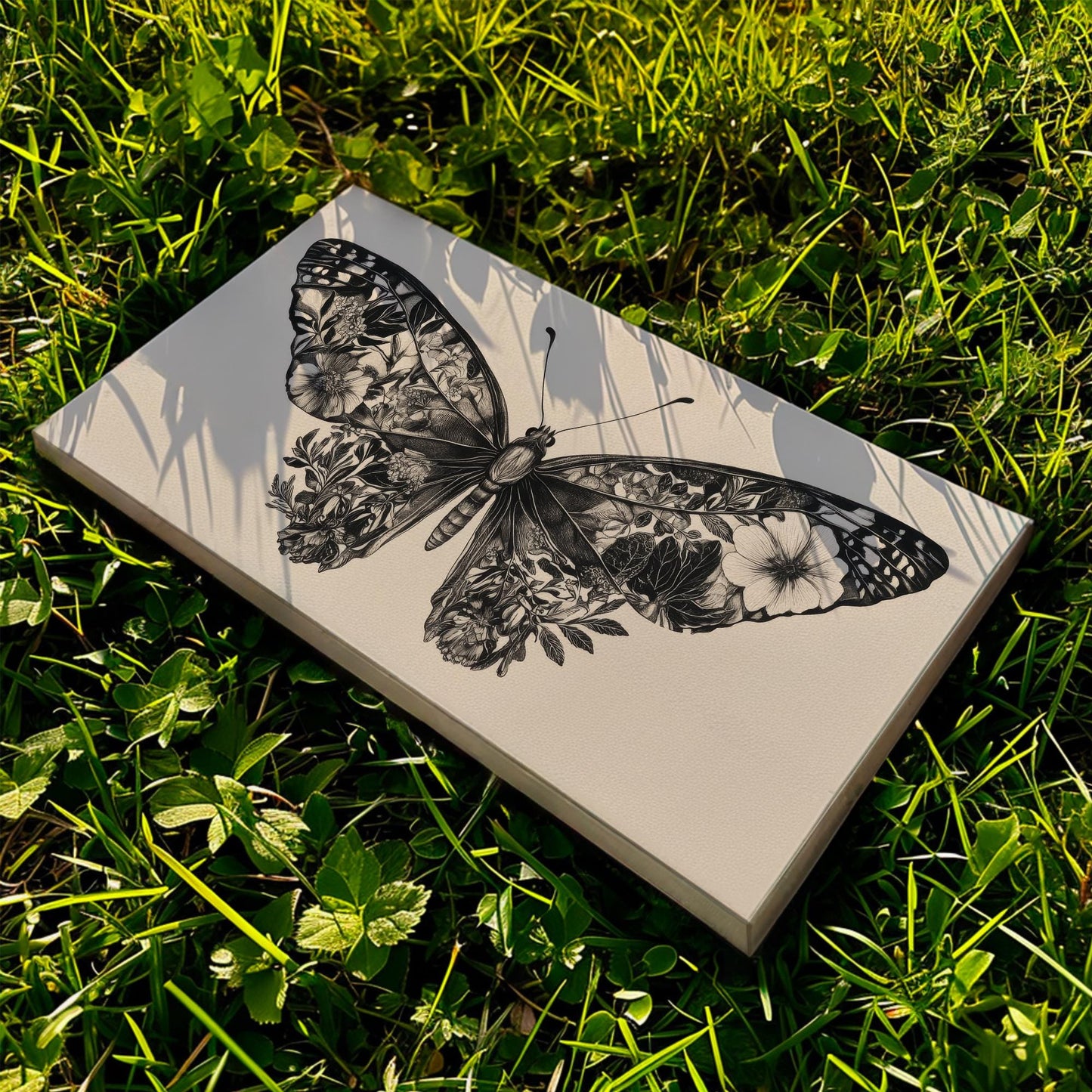 Botanical Butterfly Canvas Art | Intricate Pen Ink Print | Biophilic Wall Art For Living Room | Bone White Art Horizontal Art