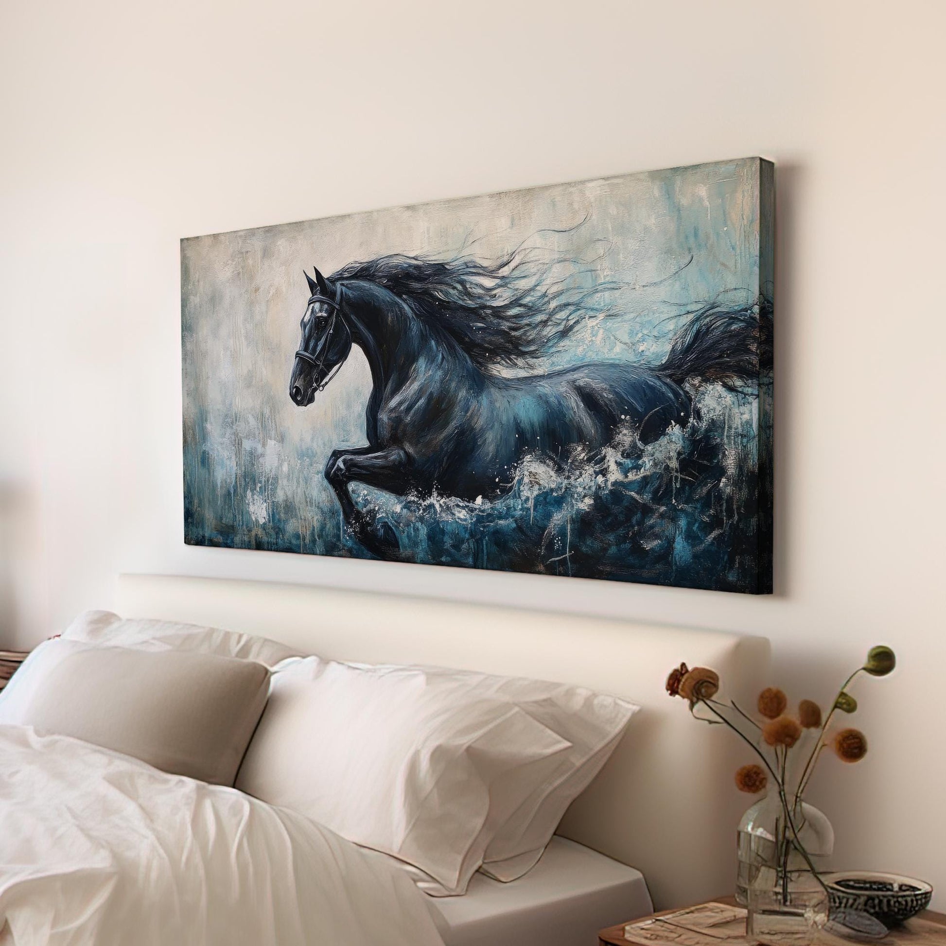 Black Stallion Canvas Art | Impasto Print | Coastal Bohemian Wall Art For Living Room | Ocean Deep Art | Equestrian Decor Horizontal Art