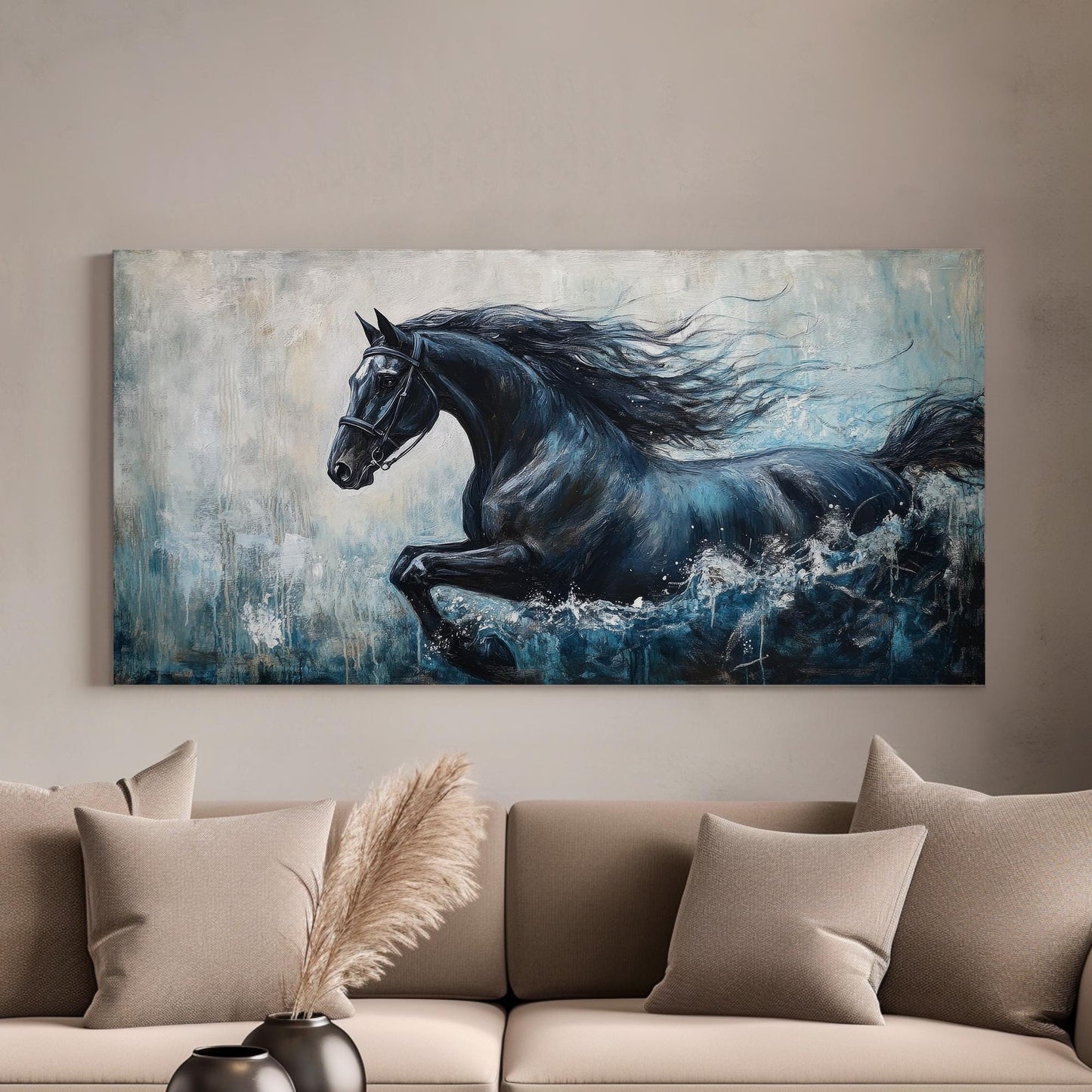 Black Stallion Canvas Art | Impasto Print | Coastal Bohemian Wall Art For Living Room | Ocean Deep Art | Equestrian Decor Horizontal Art