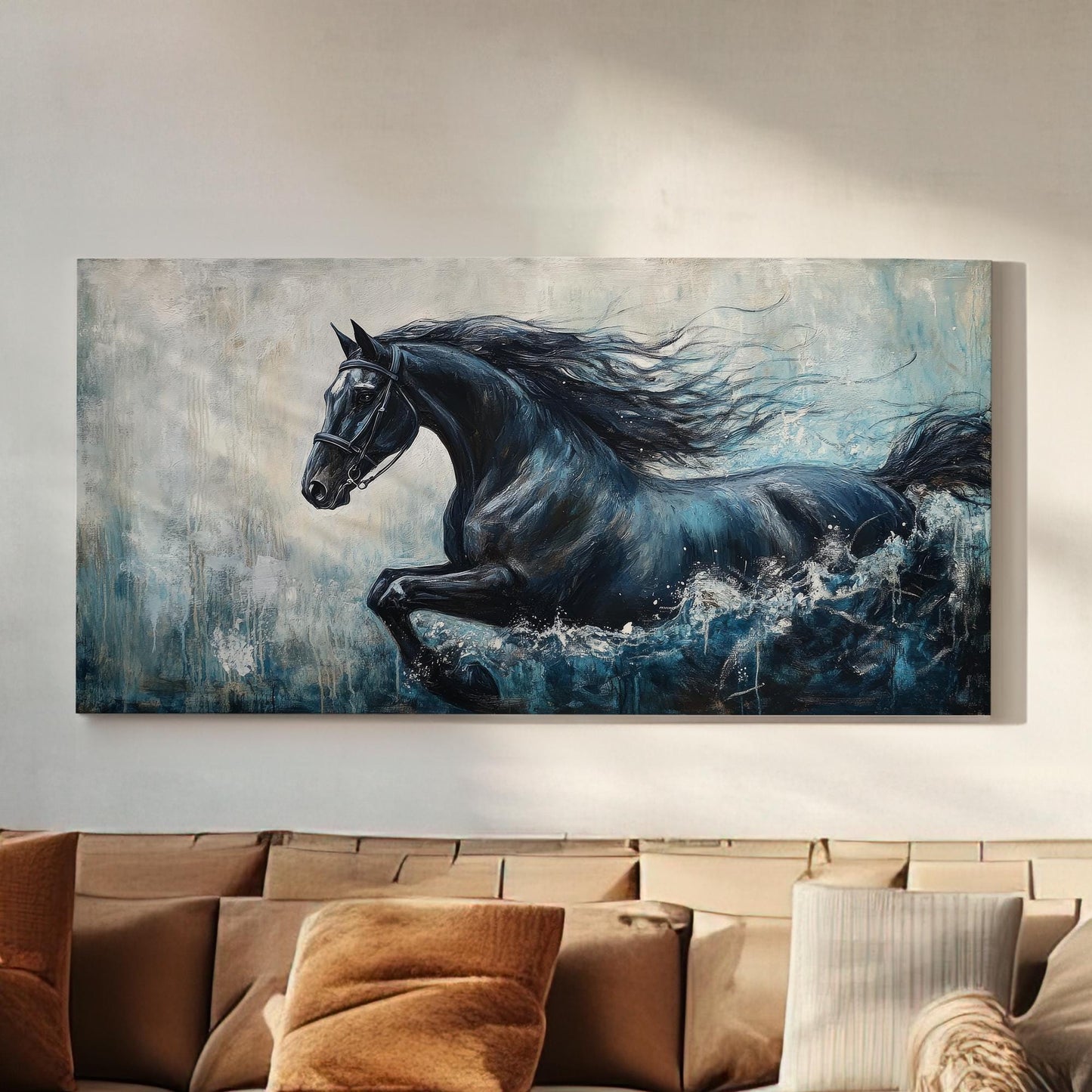 Black Stallion Canvas Art | Impasto Print | Coastal Bohemian Wall Art For Living Room | Ocean Deep Art | Equestrian Decor Horizontal Art