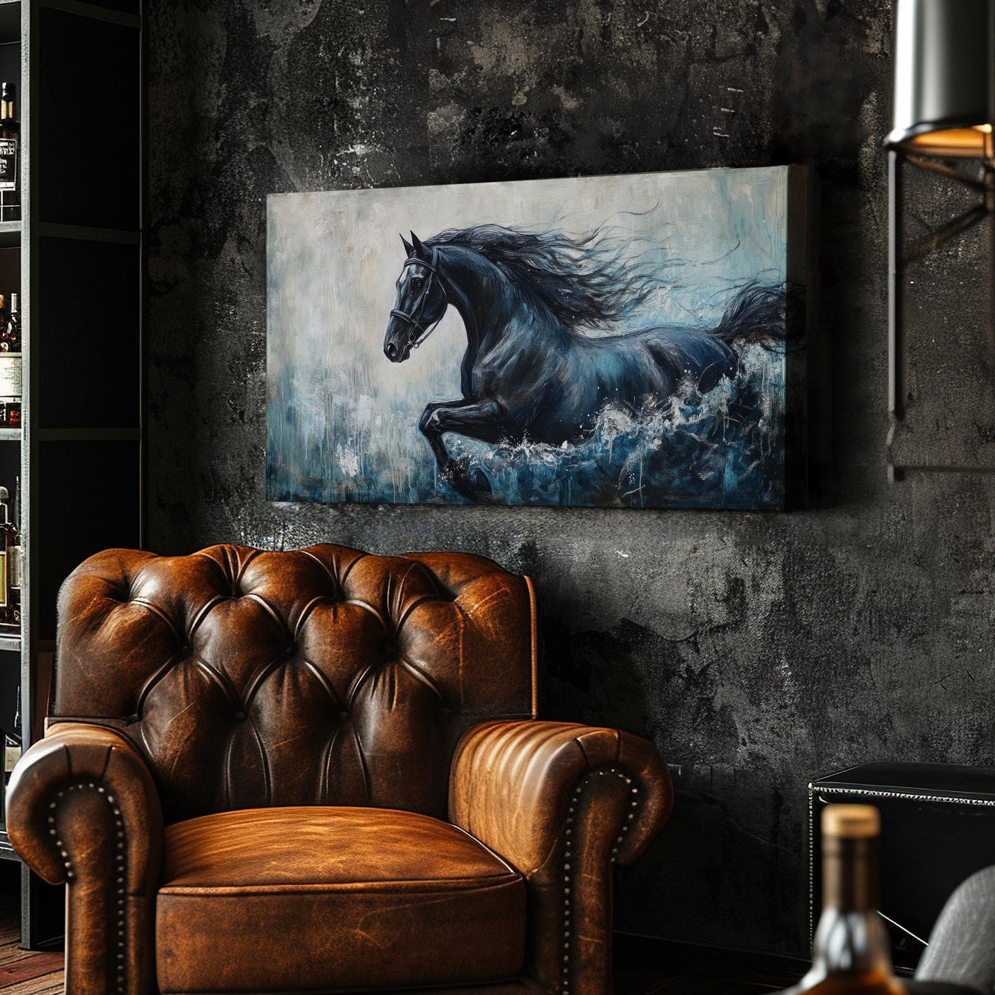 Black Stallion Canvas Art | Impasto Print | Coastal Bohemian Wall Art For Living Room | Ocean Deep Art | Equestrian Decor Horizontal Art