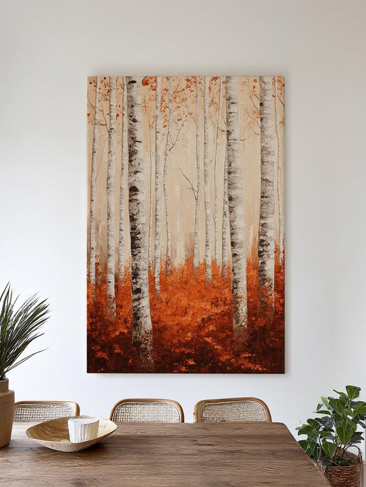 Birch Forest Canvas Art | Impasto Painting Print | Biophilic Wall Art For Living Room | Burnt Sienna Art Vertical Canvas