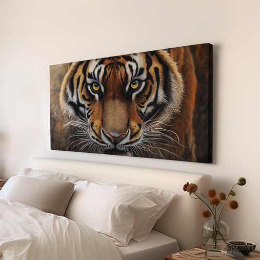 Bengal Tiger Gaze Canvas Art | Pointillist Print | Biophilic Wall Art For Living Room | Amber Sunset Art Horizontal Art
