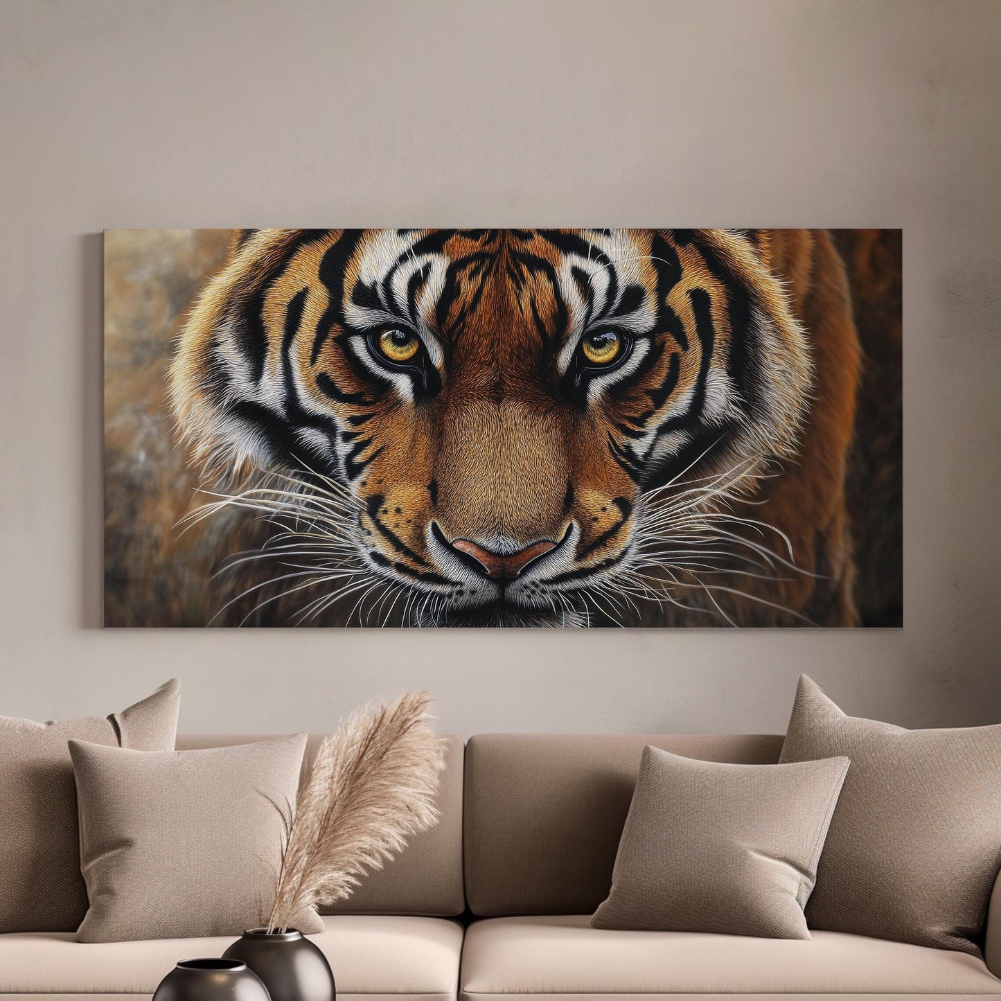 Bengal Tiger Gaze Canvas Art | Pointillist Print | Biophilic Wall Art For Living Room | Amber Sunset Art Horizontal Art