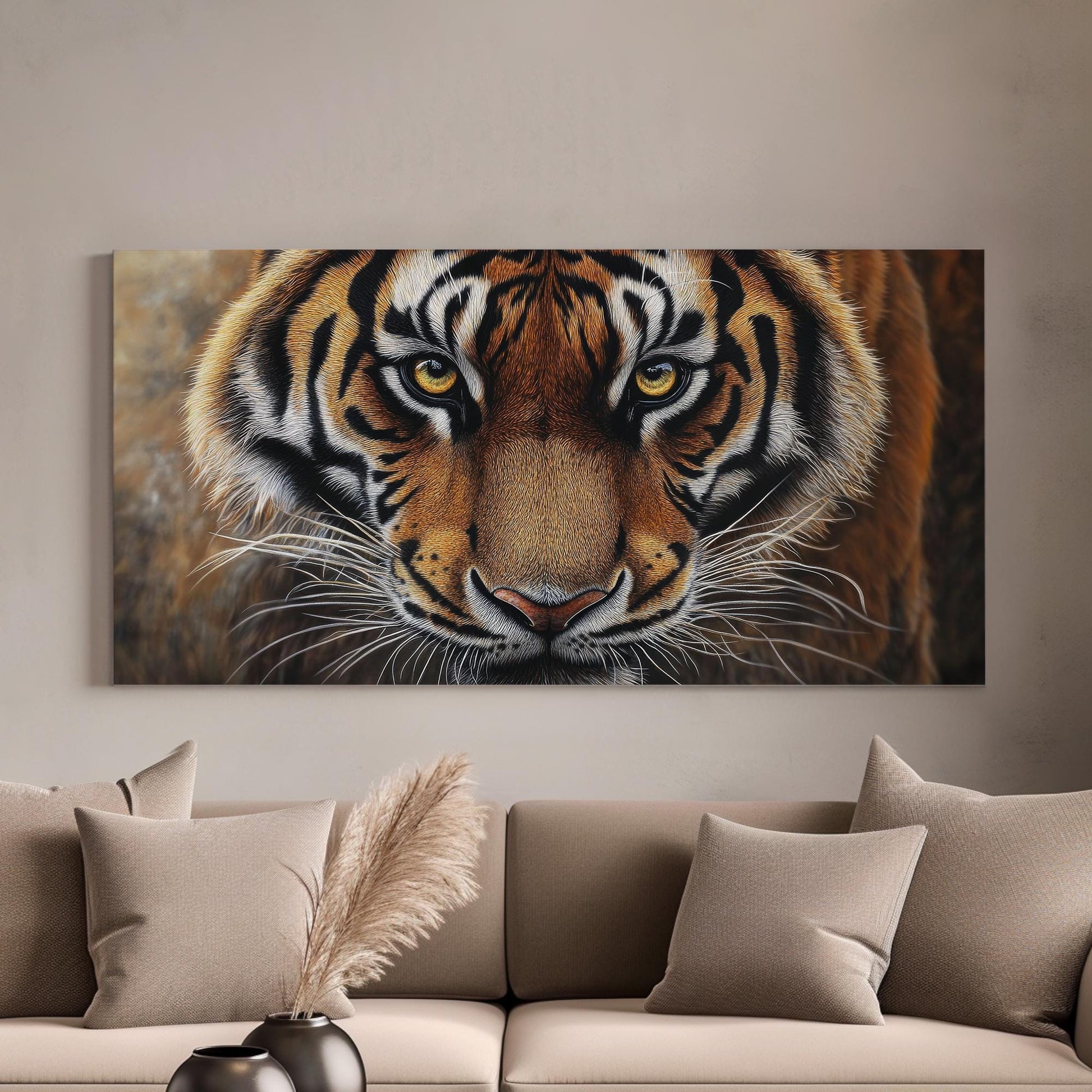 Bengal Tiger Gaze Canvas Art | Pointillist Print | Biophilic Wall Art For Living Room | Amber Sunset Art Horizontal Art